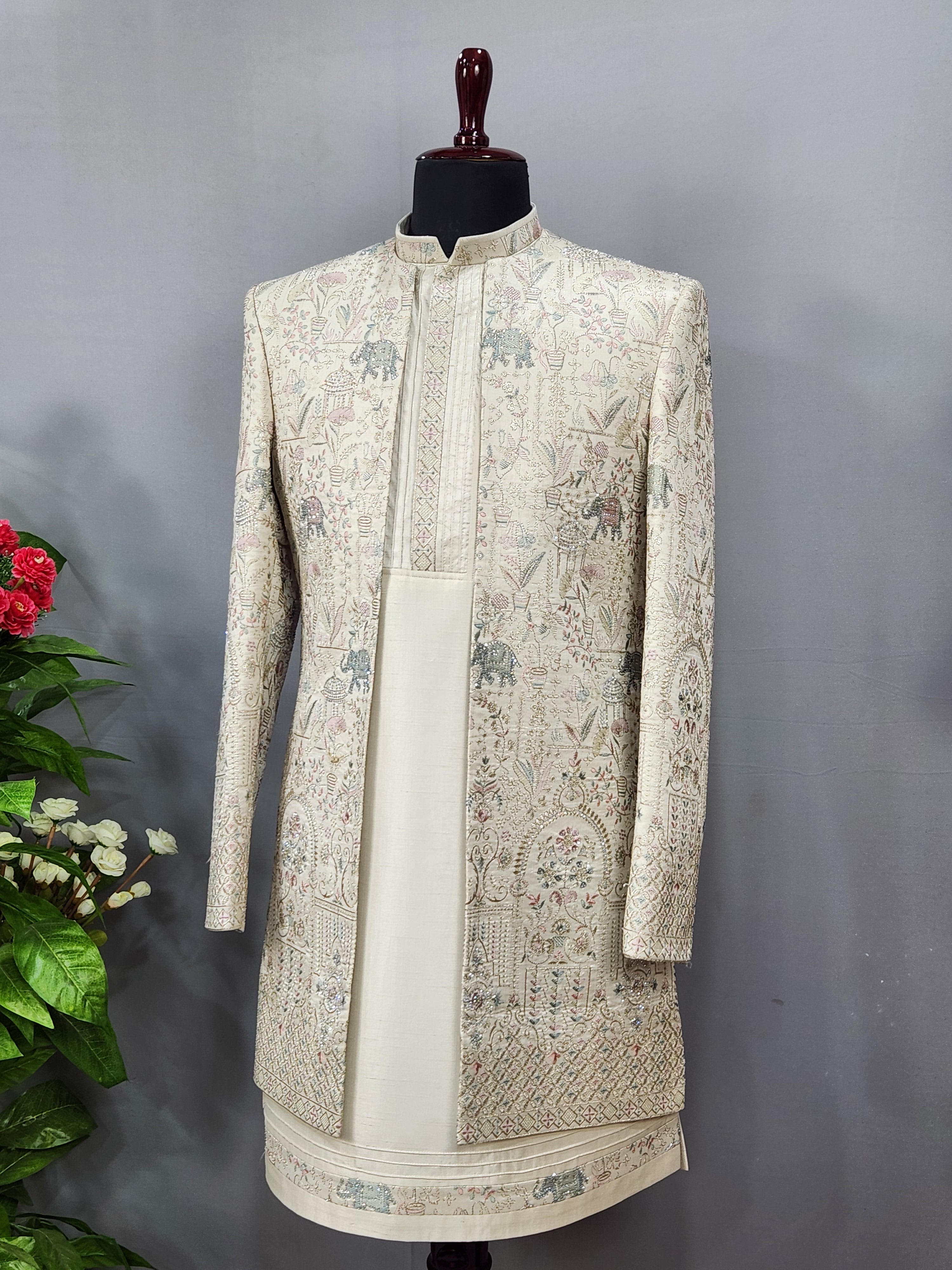 Cream Indo-Western Sherwani for Men | Indian Groom Wedding Outfit