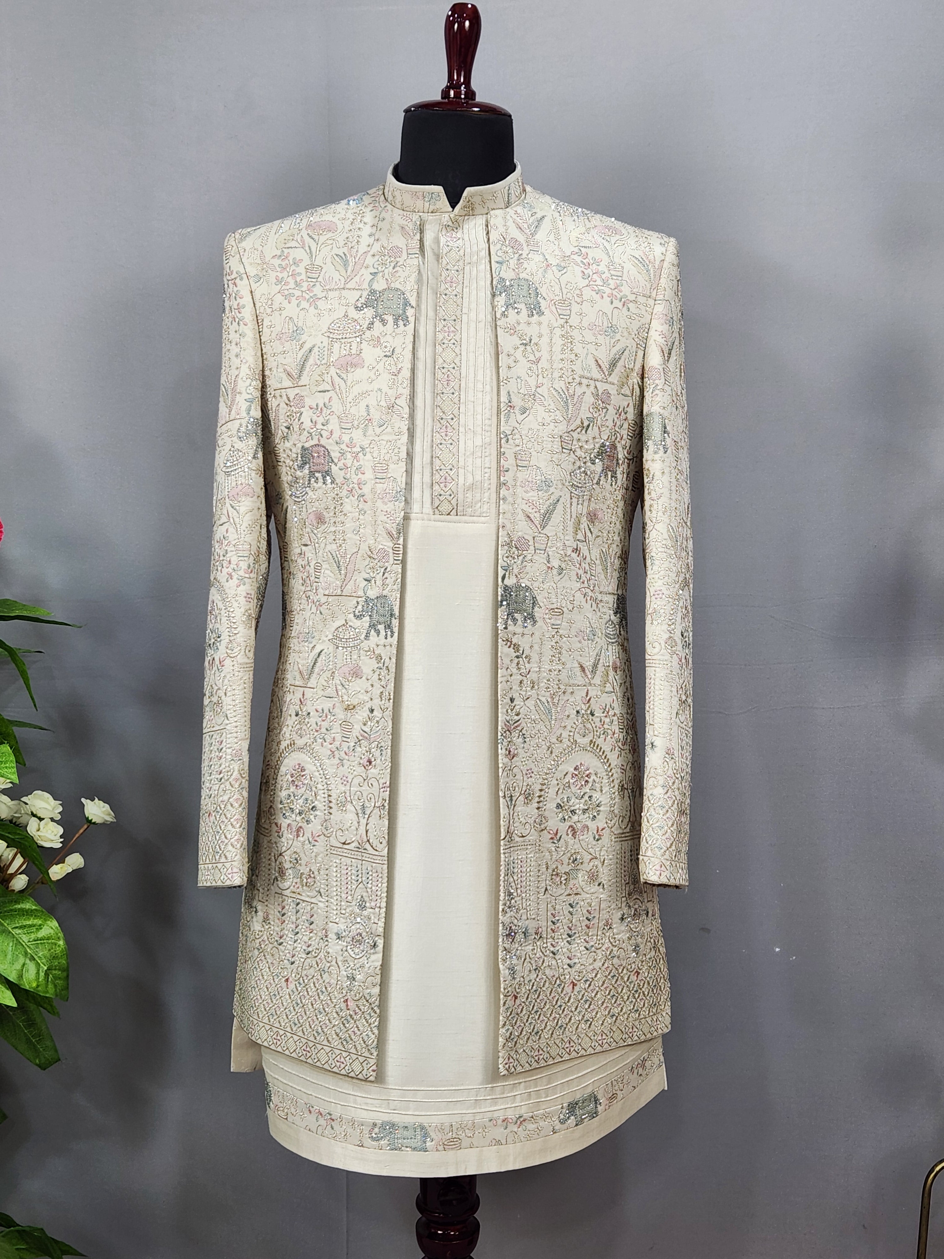 Cream Indo-Western Sherwani for Men | Indian Groom Wedding Outfit
