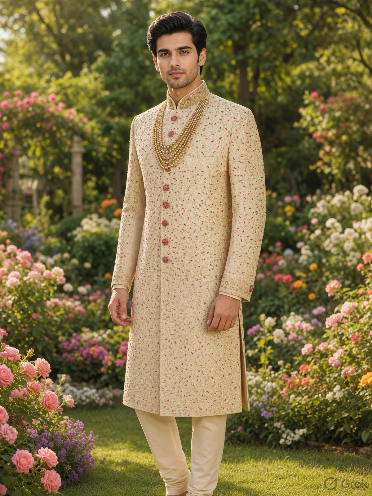 Cream Wedding Groom Sherwani - Magenta Accent and Gold Zarkan| Sherwani For Men