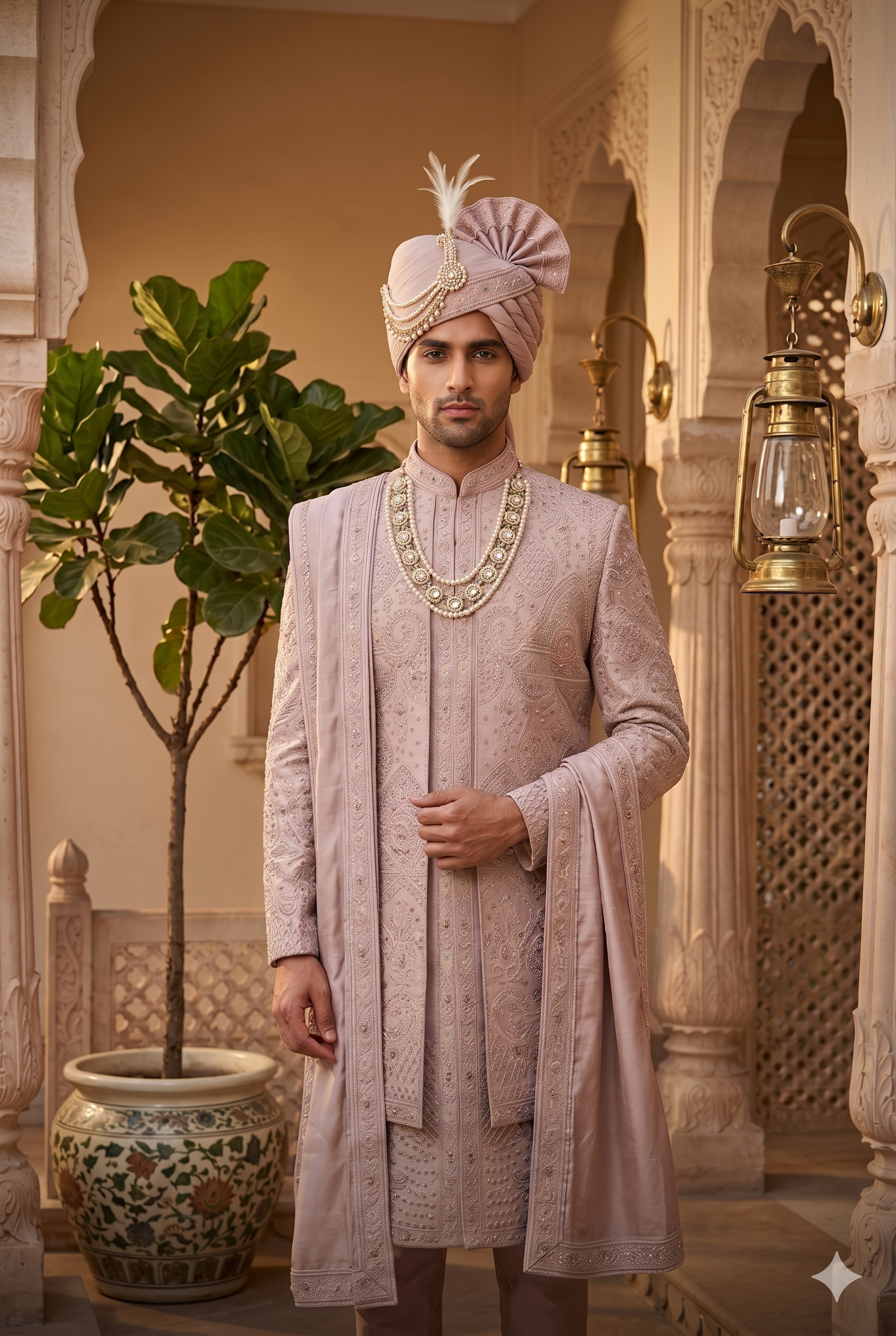 Dusty Rose Gold Wedding Groom Sherwani - 2 layer Diamond Studded | Sherwani For Men