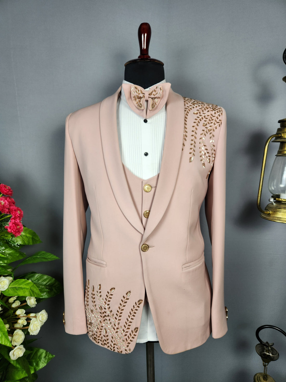 Men's dusty pink tuxedo suit for Indian groom, perfect for wedding and reception wear

