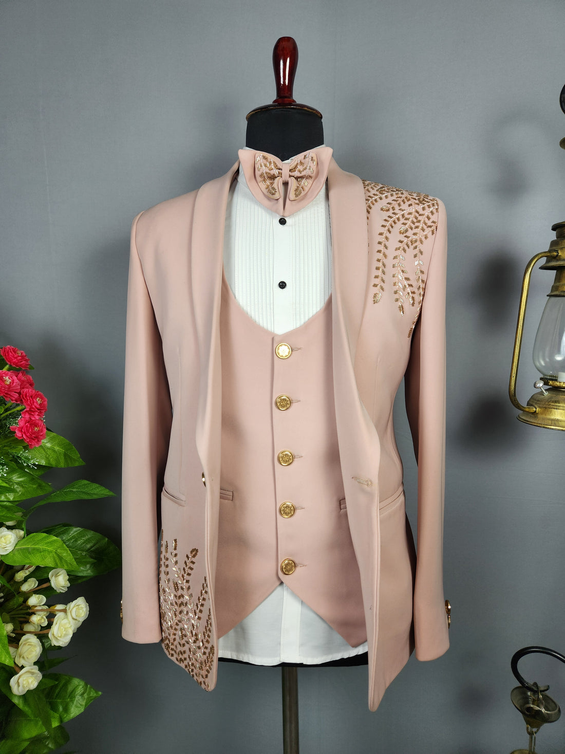 Men's dusty pink tuxedo suit for Indian groom, perfect for wedding and reception wear
