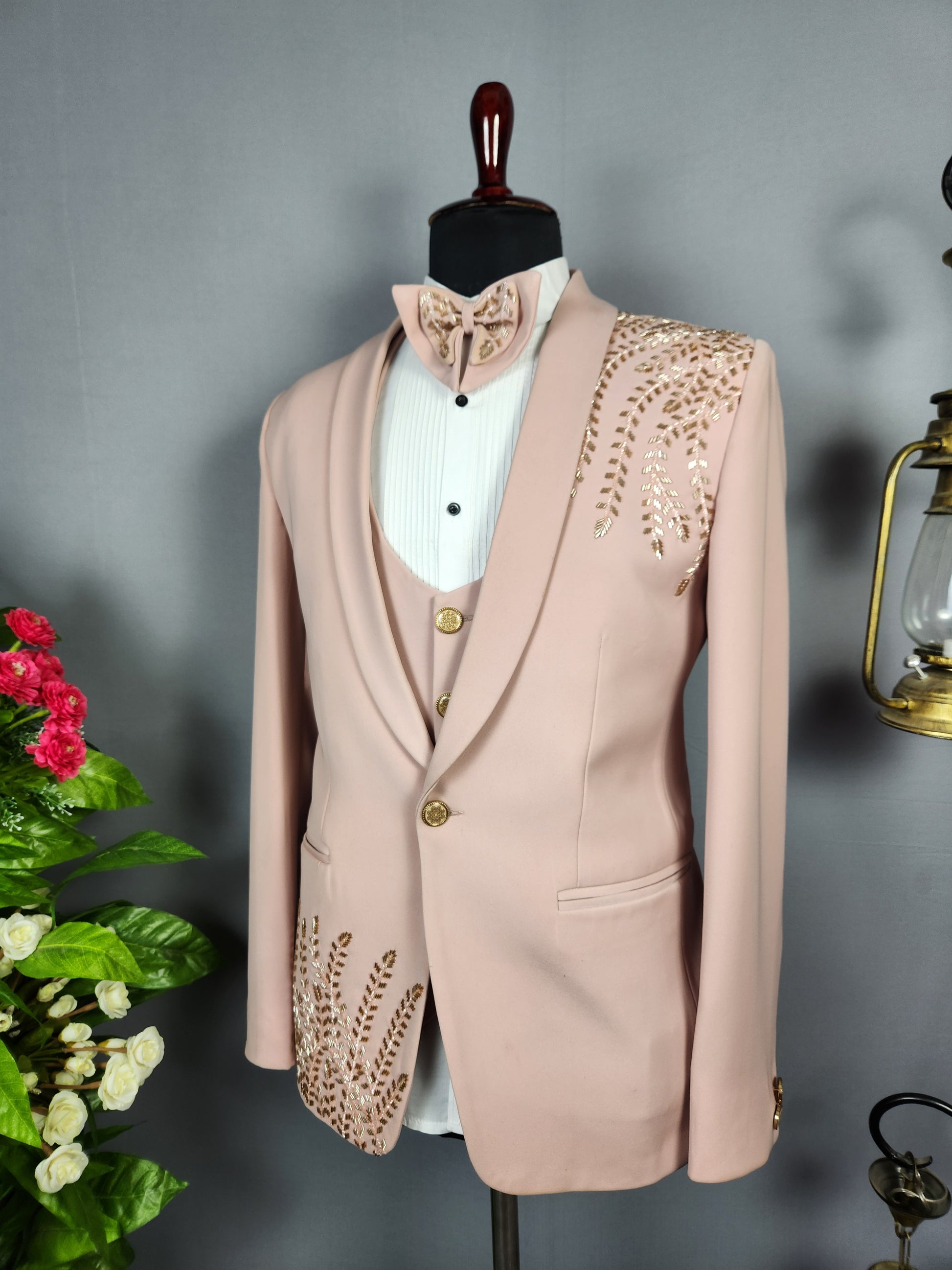 Men's dusty pink tuxedo suit for Indian groom, perfect for wedding and reception wear
