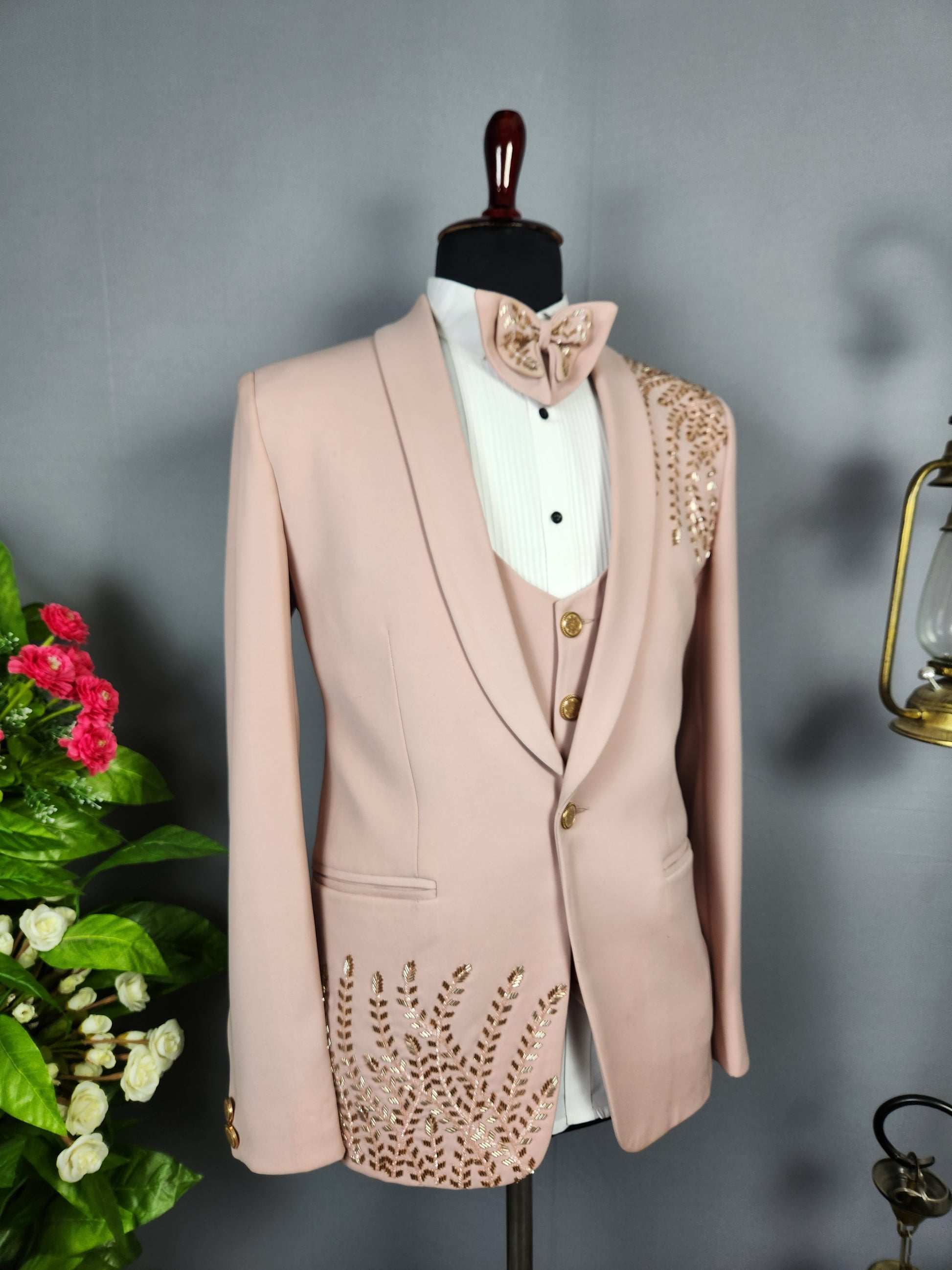 Men's dusty pink tuxedo suit for Indian groom, perfect for wedding and reception wear
