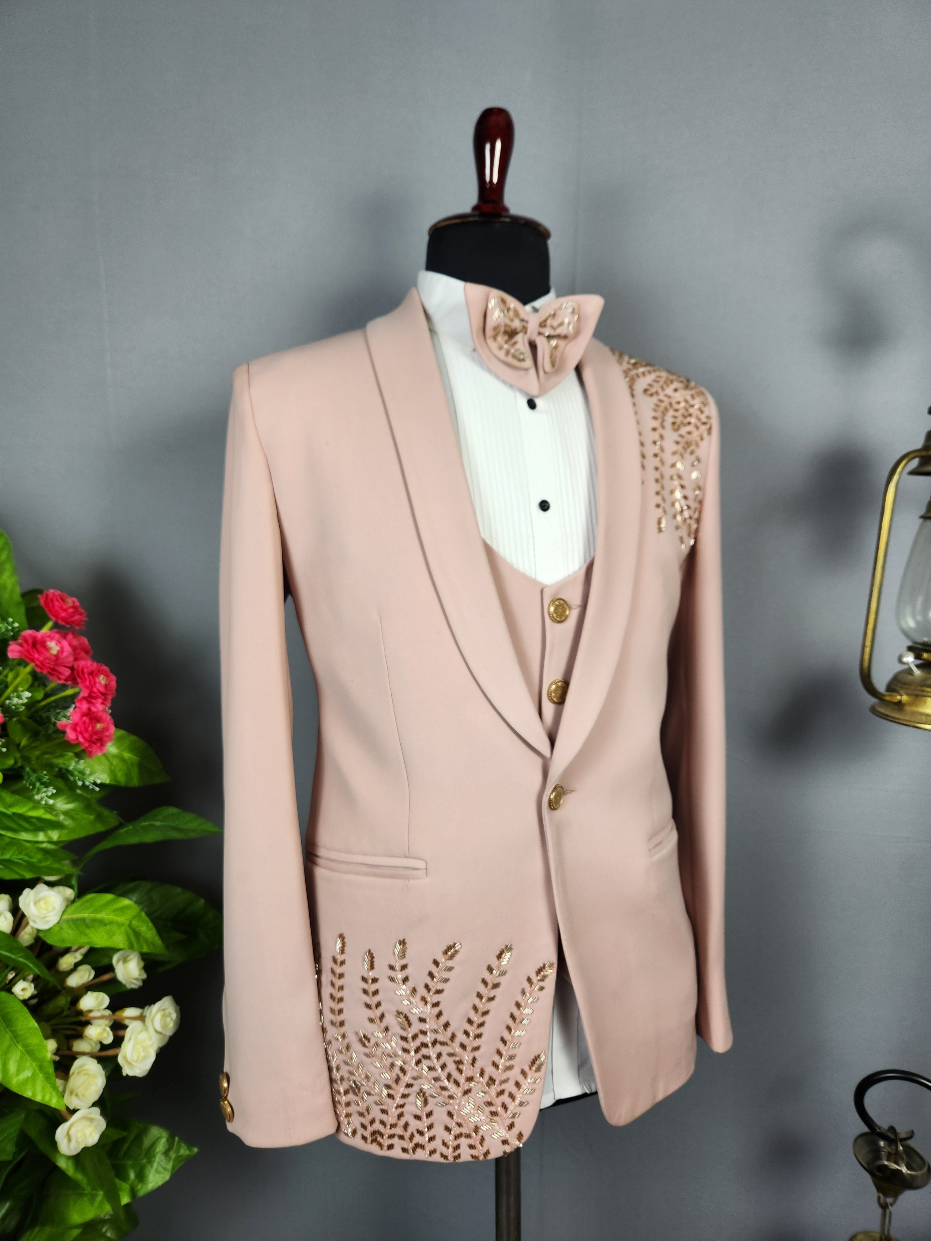 Men's dusty pink tuxedo suit for Indian groom, perfect for wedding and reception wear
