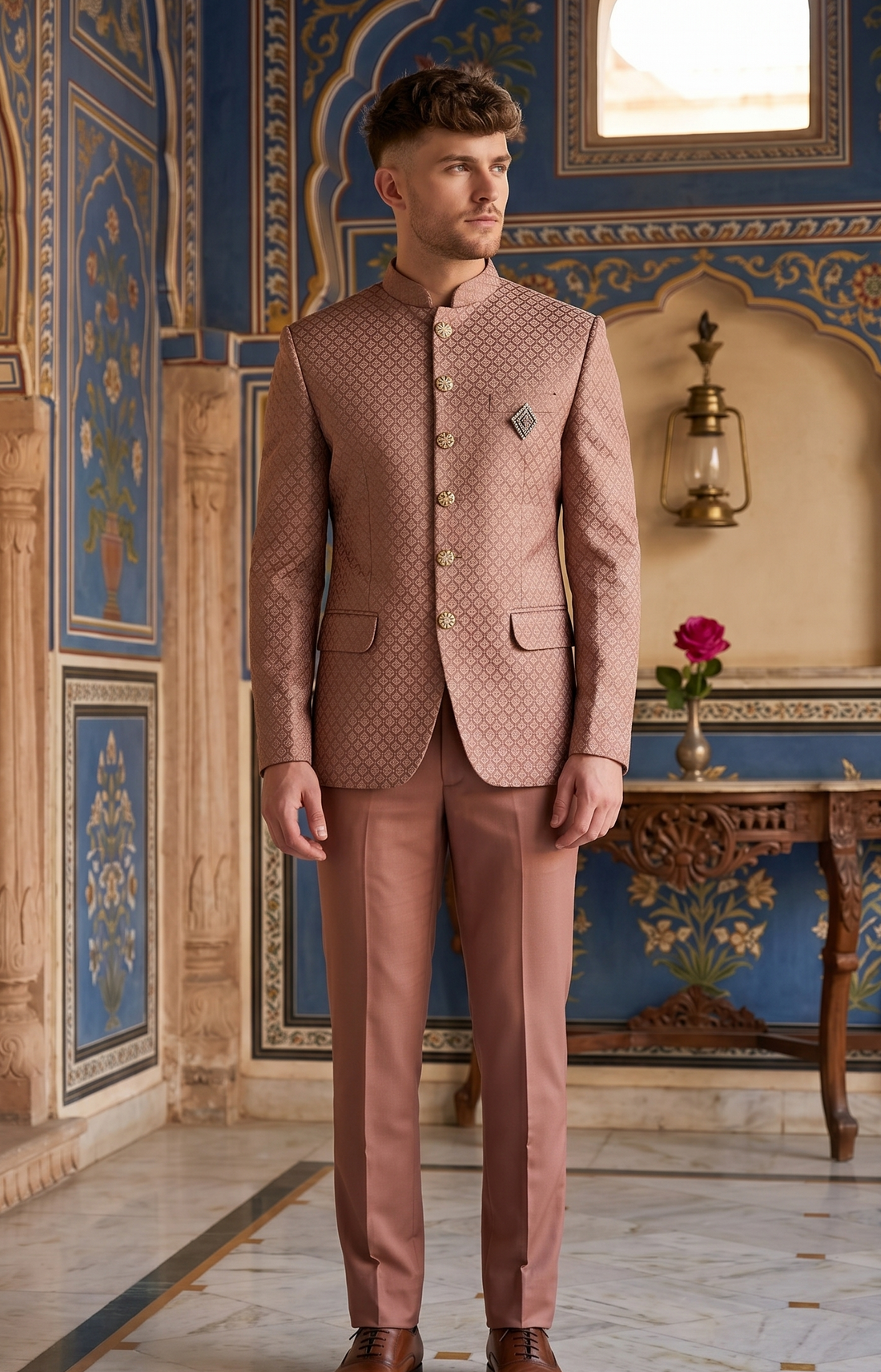 A man wearing a matching dusty rose patterned blazer and trousers suit stands in an ornate, blue and gold decorated palace corridor