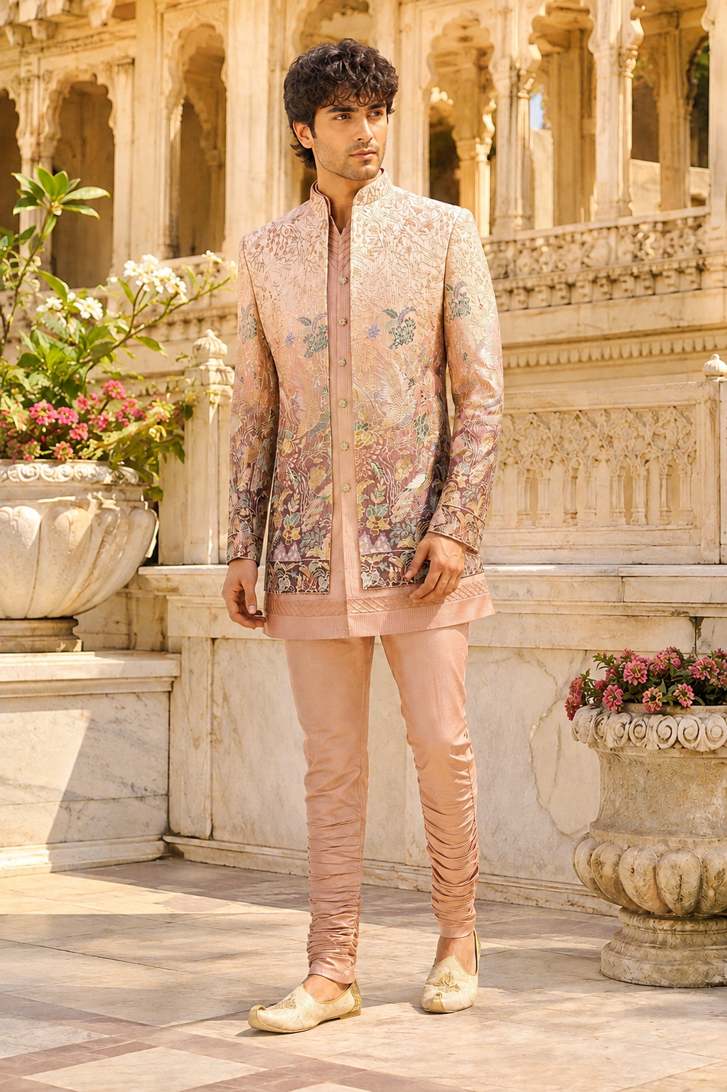 Dusty Rose Pink Indo-Western Sherwani for Men | Indian Groom Wedding Outfit
