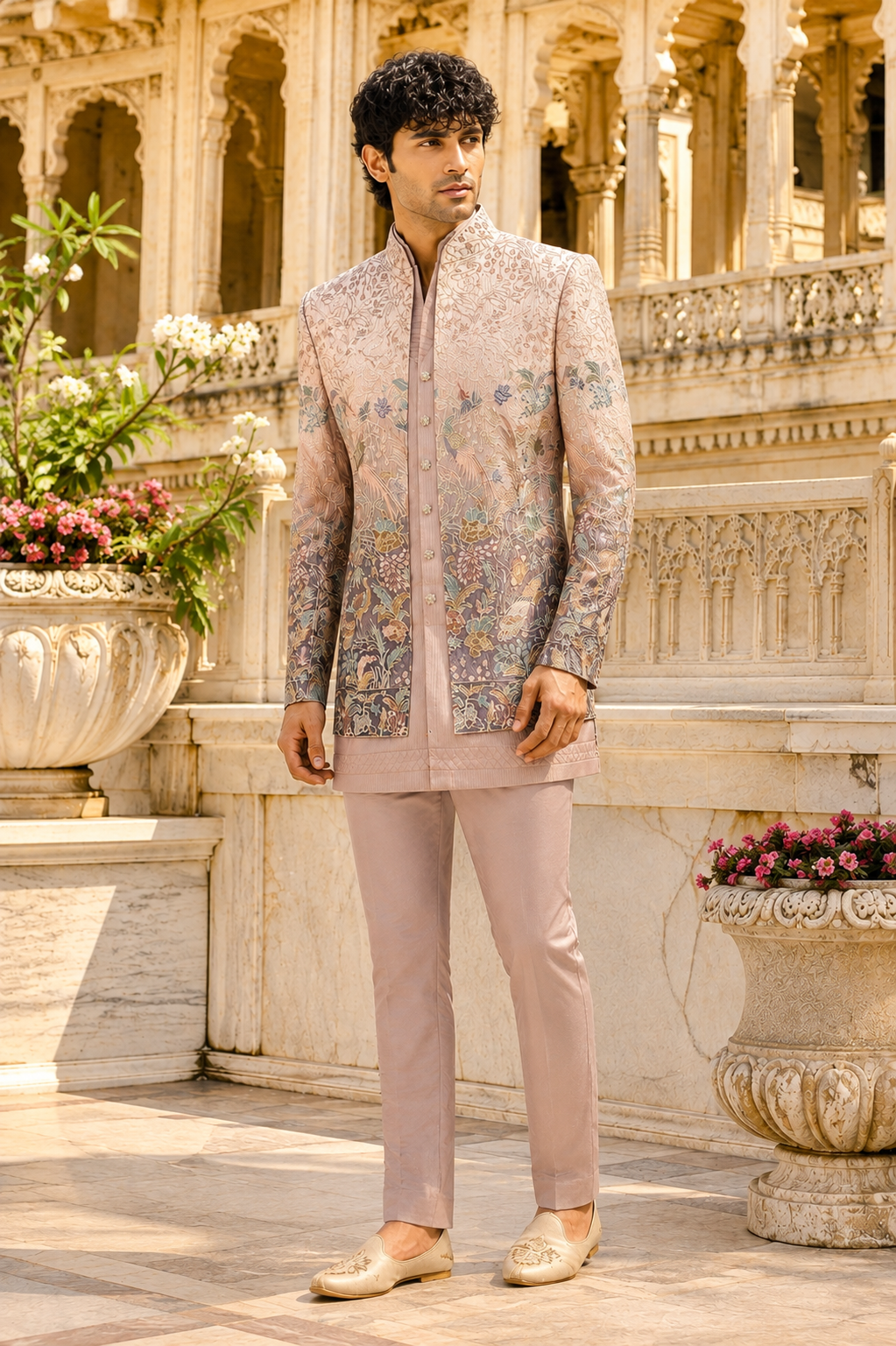 Dusty Rose Pink Indo-Western Sherwani for Men | Indian Groom Wedding Outfit
