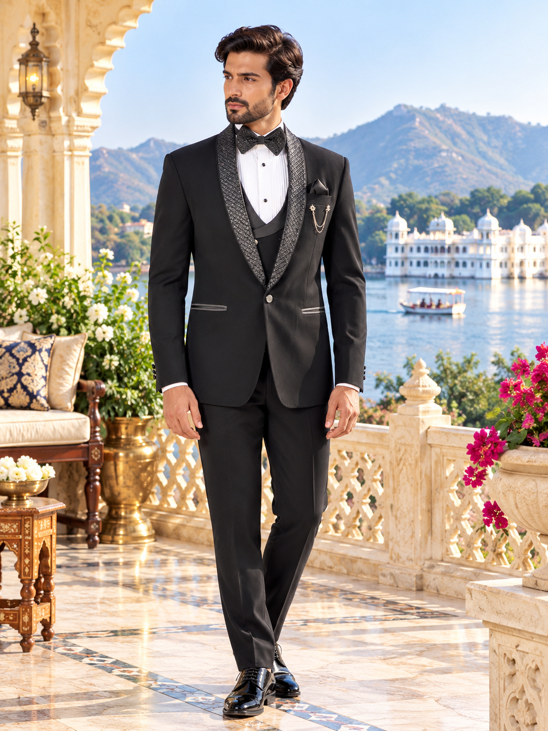 Beads Studed Men's Black Tuxedo Suit for Wedding | Indian Groom Reception Outfit