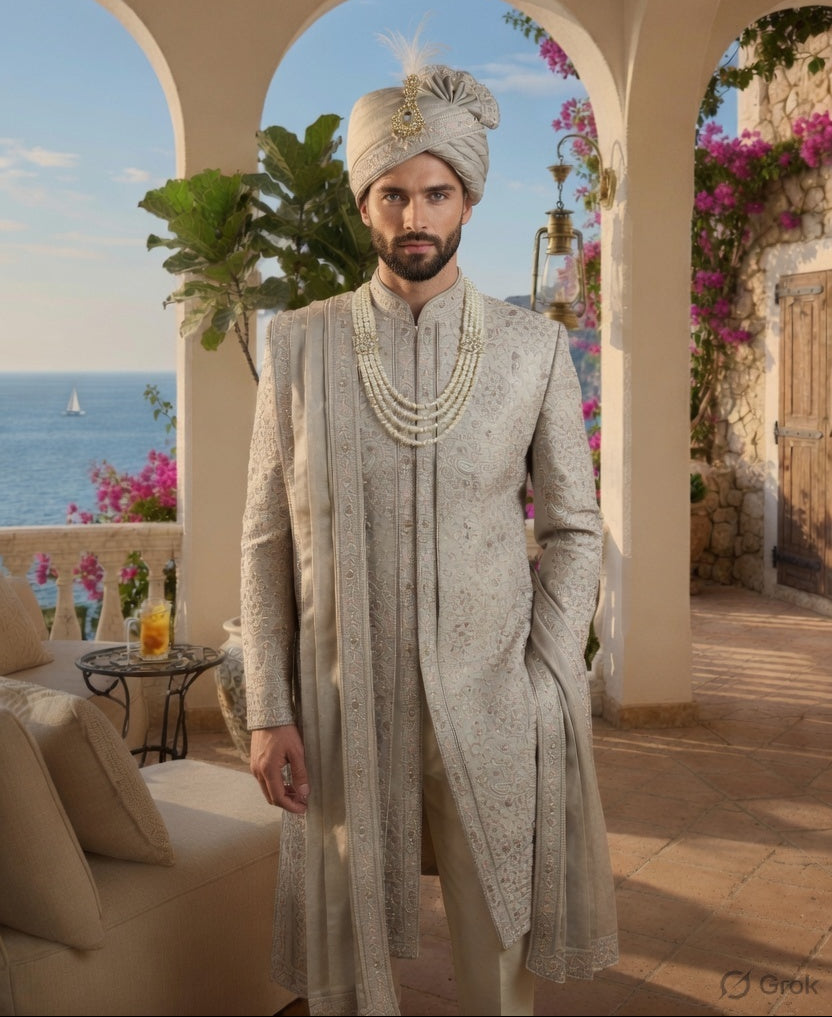 A man wearing a traditional Indian sherwani and turban stands in an outdoor patio setting with arches, overlooking the ocean. The sherwani is a light beige/cream color with intricate silver embroidery, and he is accessorized with a matching turban, pearl necklaces, and a feathered headpiece.