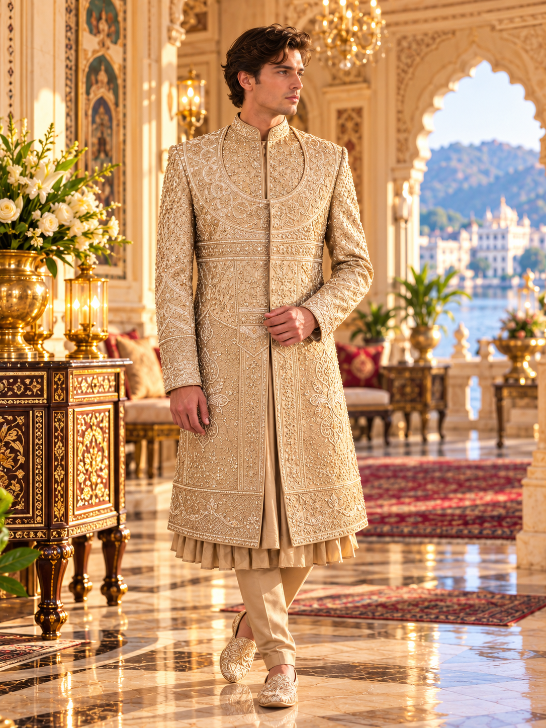 Golden Brown Groom Sherwani - Beads Studded Anarkali Kurta Style | Sherwani For Men