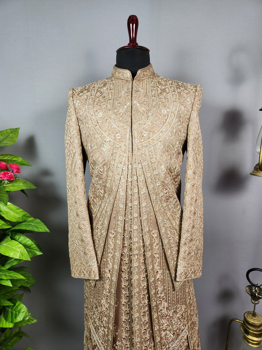 Golden Brown Groom Sherwani - Zari Embroidery | Sherwani For Men