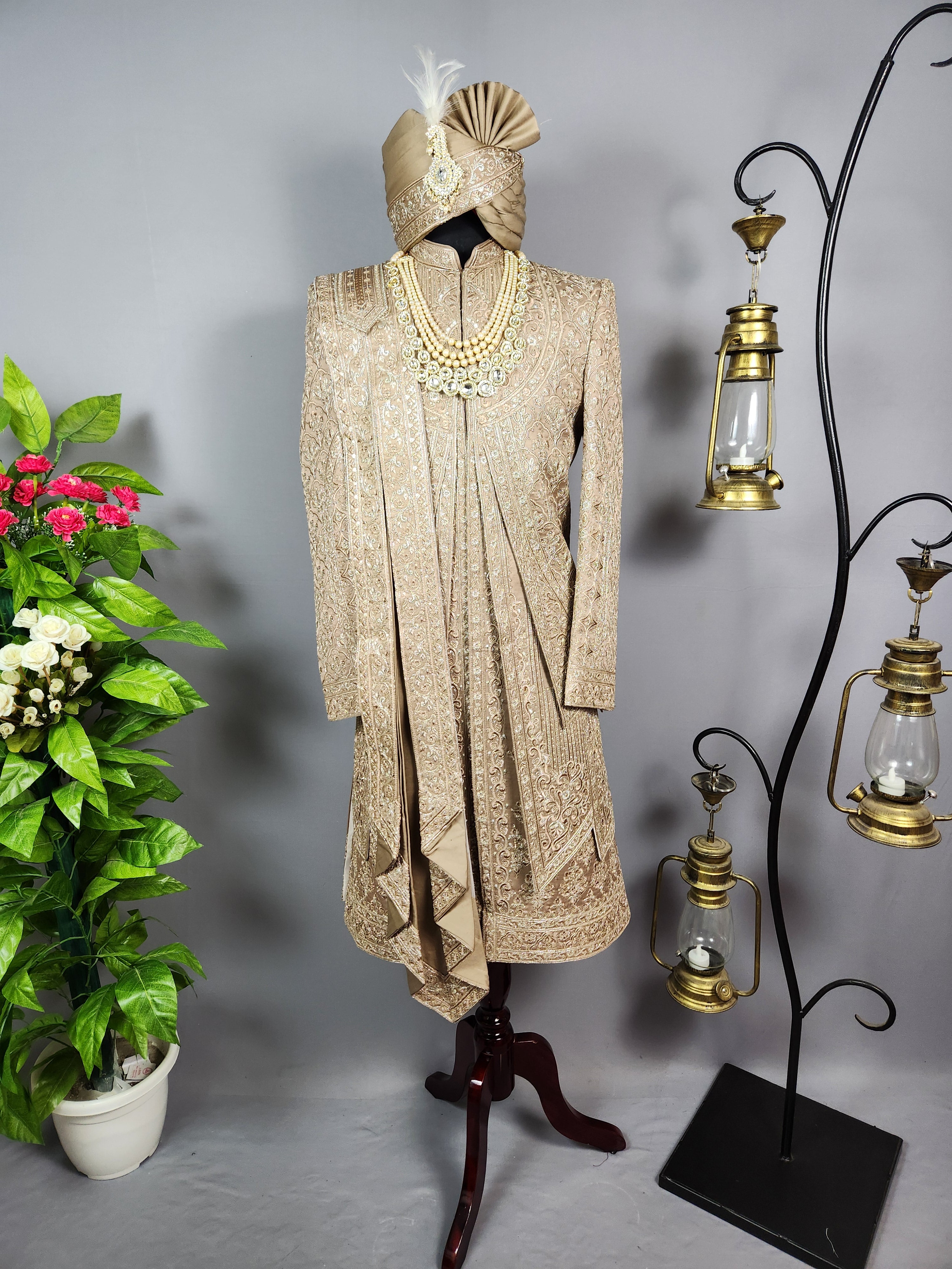 Golden Brown Groom Sherwani - Zari Embroidery | Sherwani For Men