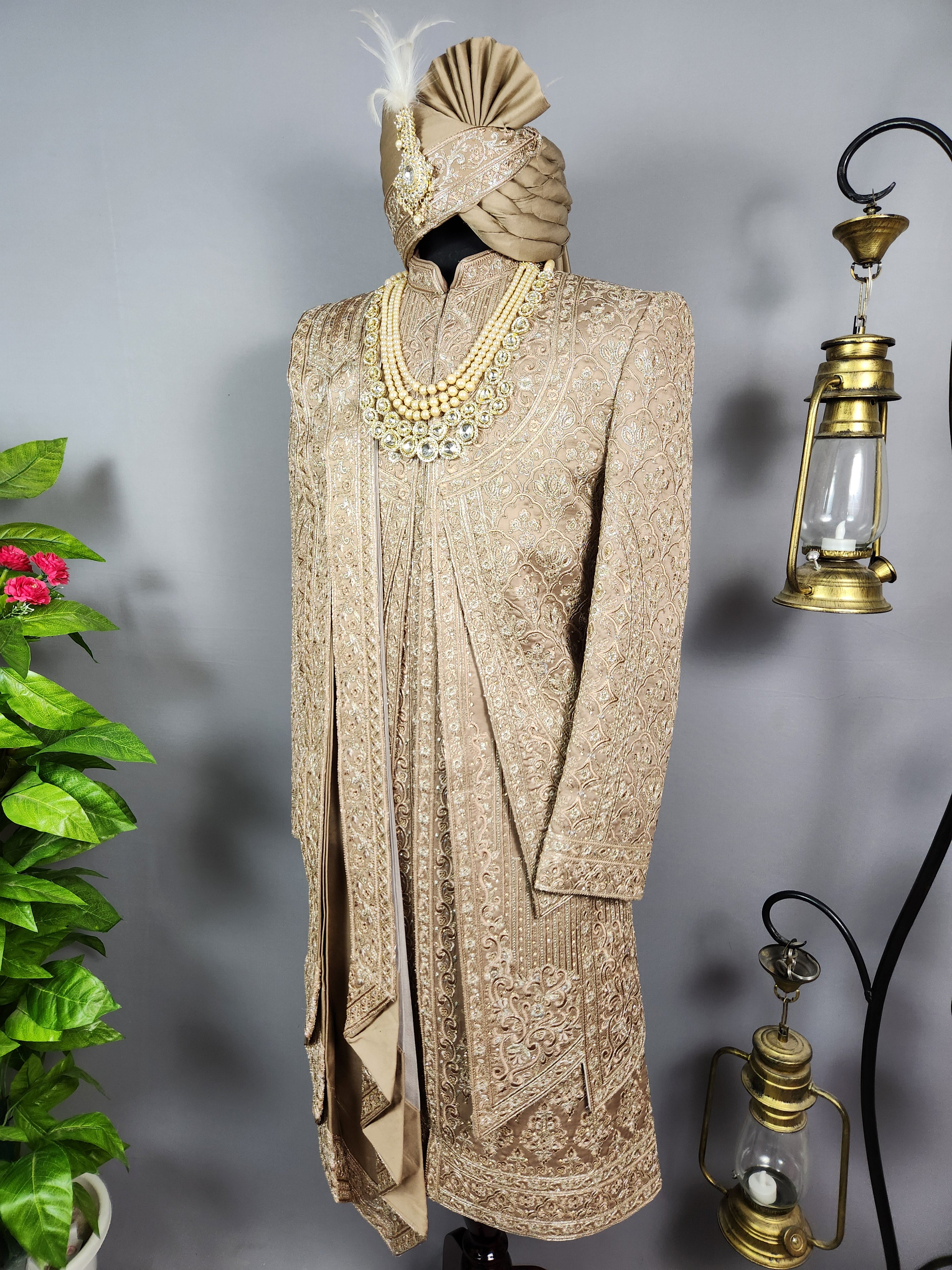 Golden Brown Groom Sherwani - Zari Embroidery | Sherwani For Men