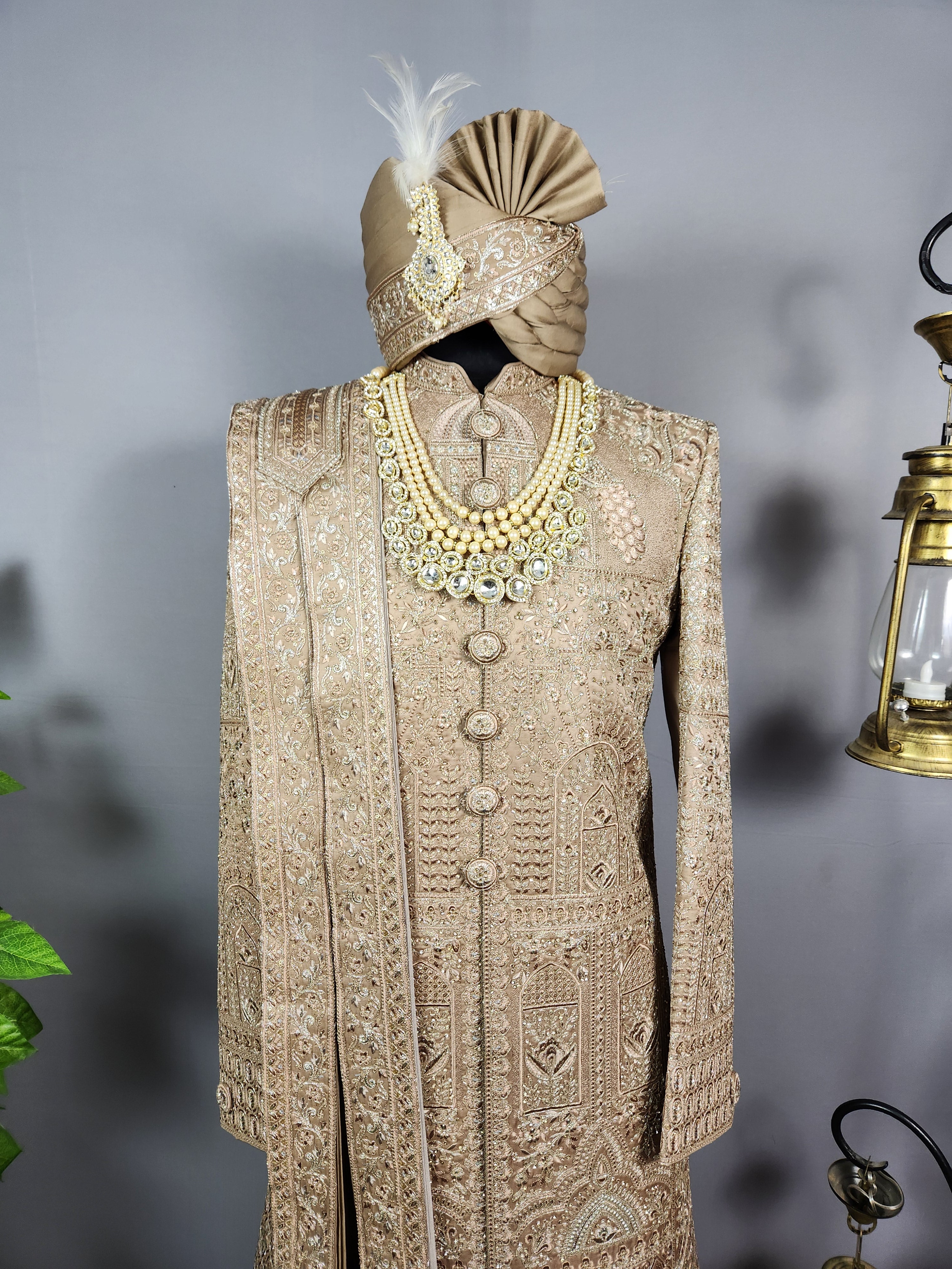 Golden Brown Groom Sherwani - Zari Embroidery | Sherwani For Men