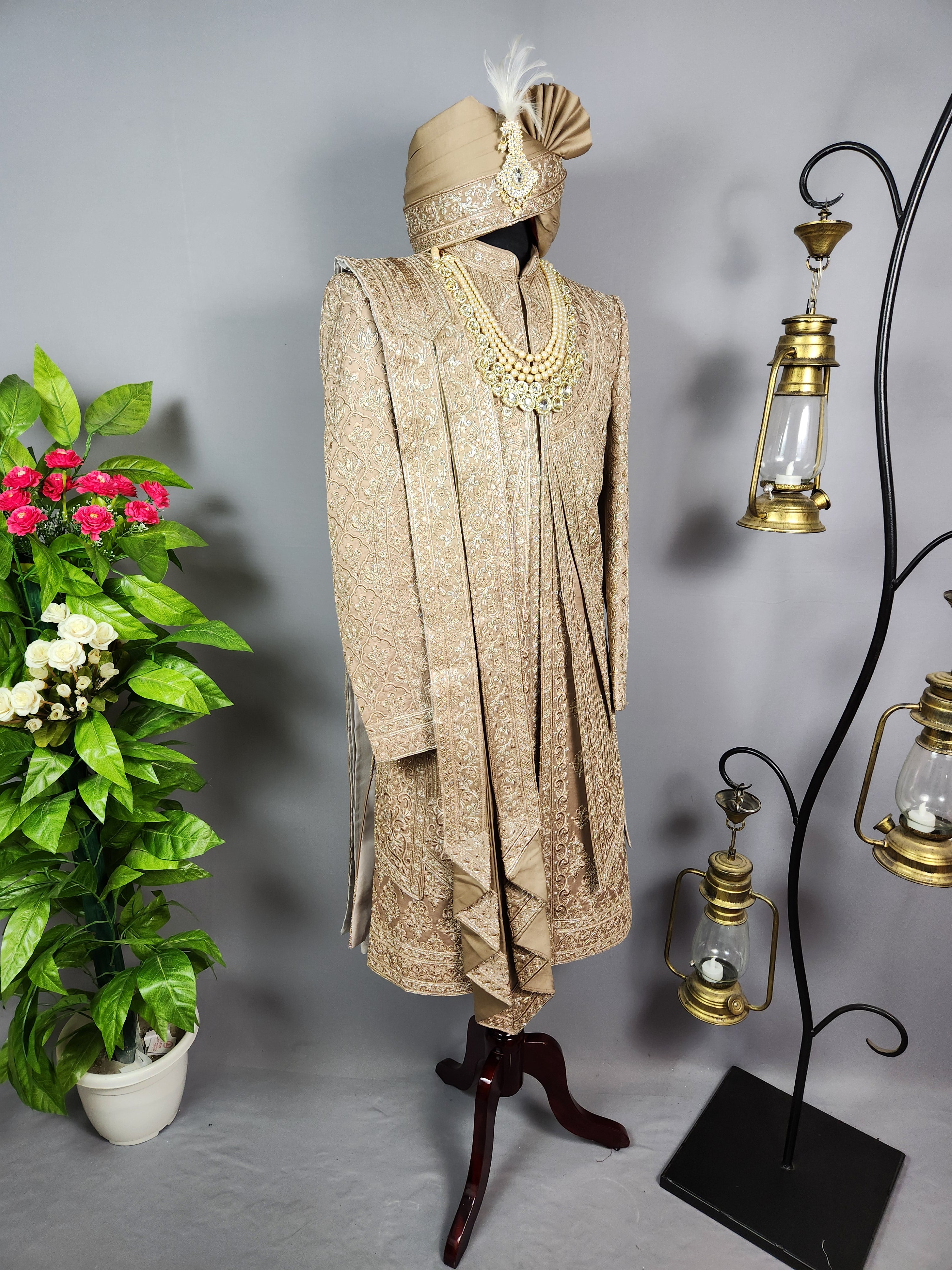 Golden Brown Groom Sherwani - Zari Embroidery | Sherwani For Men