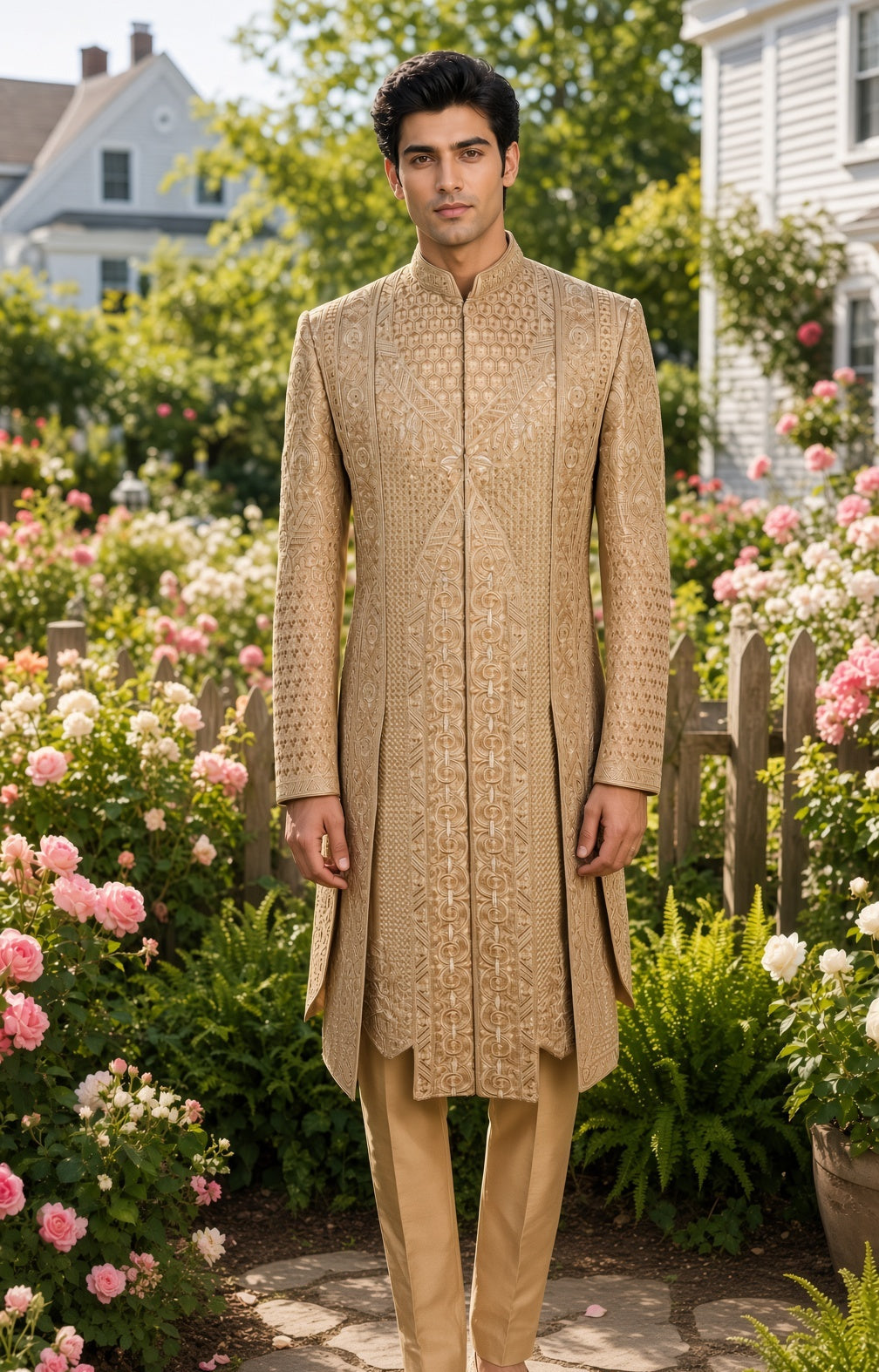 A man wearing a beige embroidered sherwani and matching trousers stands on a stone path in a garden with pink flowers and green foliage.