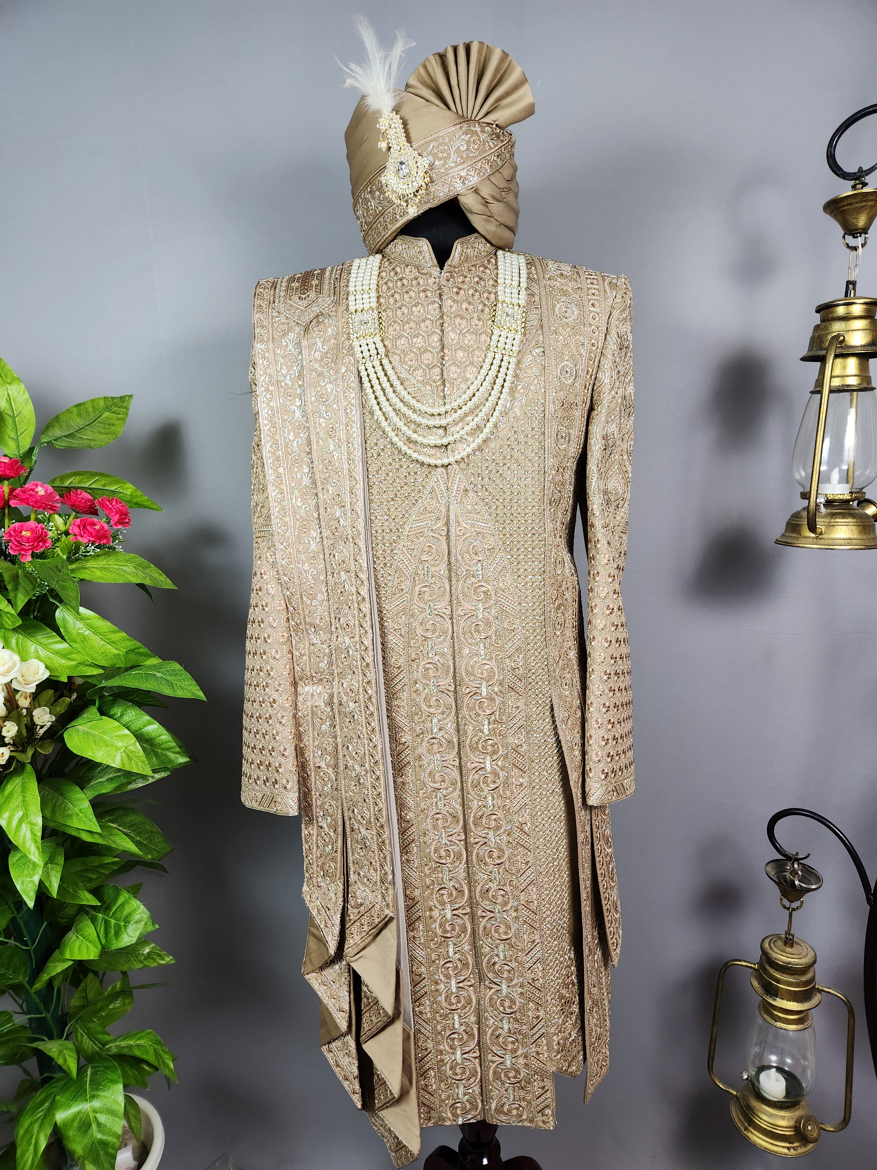 Golden Brown Groom Sherwani - 2 Layer Style | Sherwani For Men