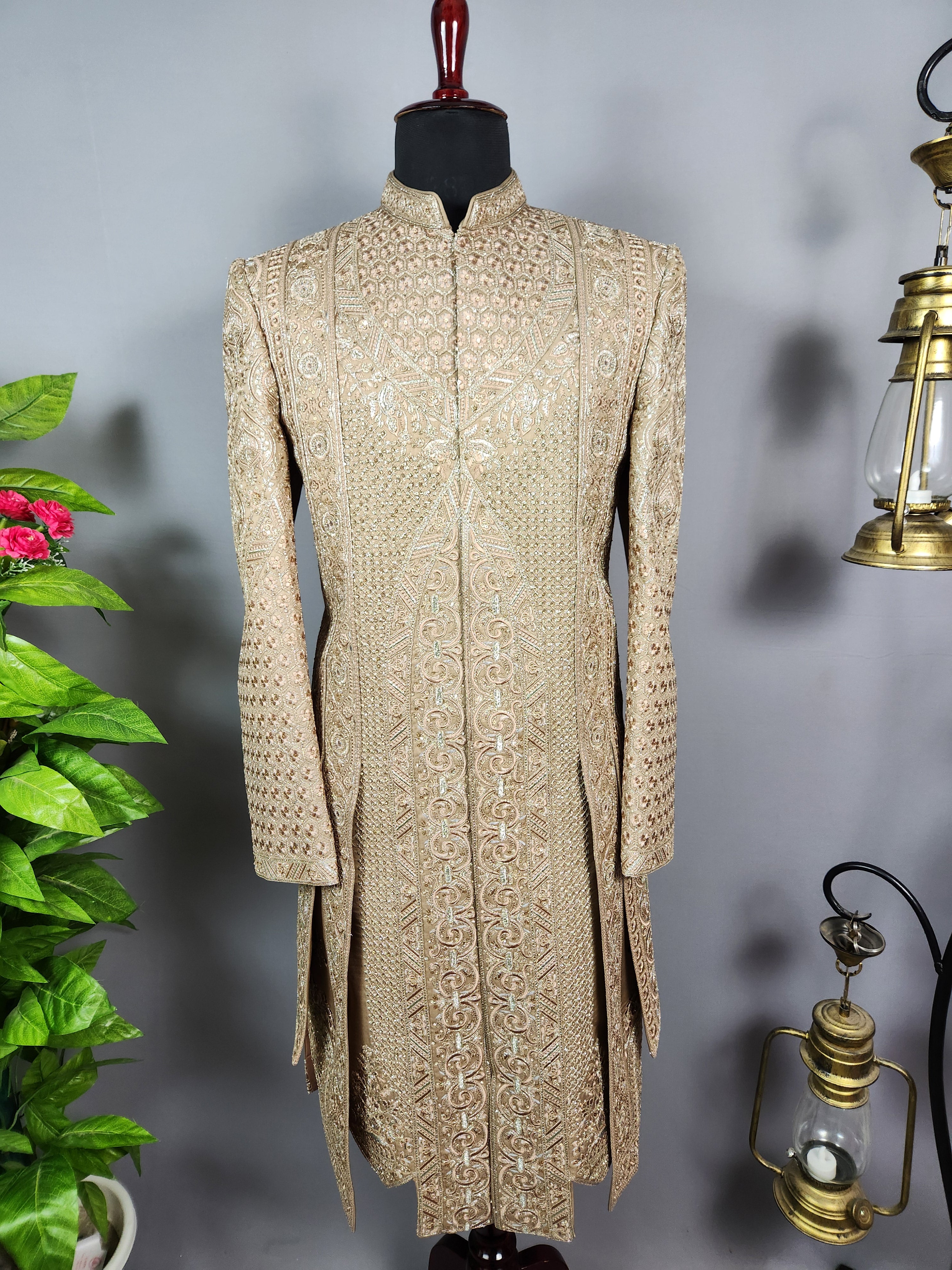 Golden Brown Groom Sherwani - 2 Layer Style | Sherwani For Men