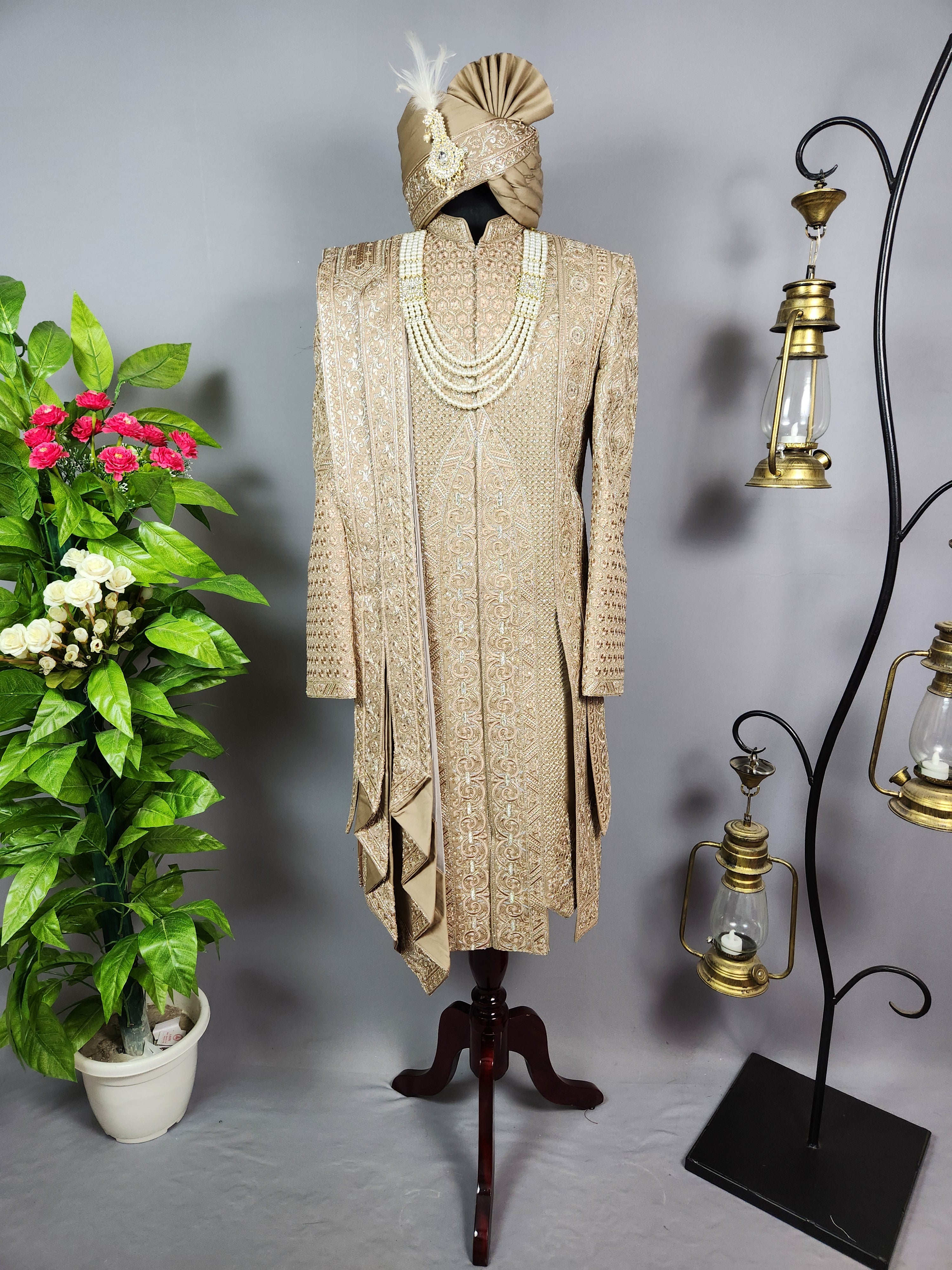 Golden Brown Groom Sherwani - 2 Layer Style | Sherwani For Men