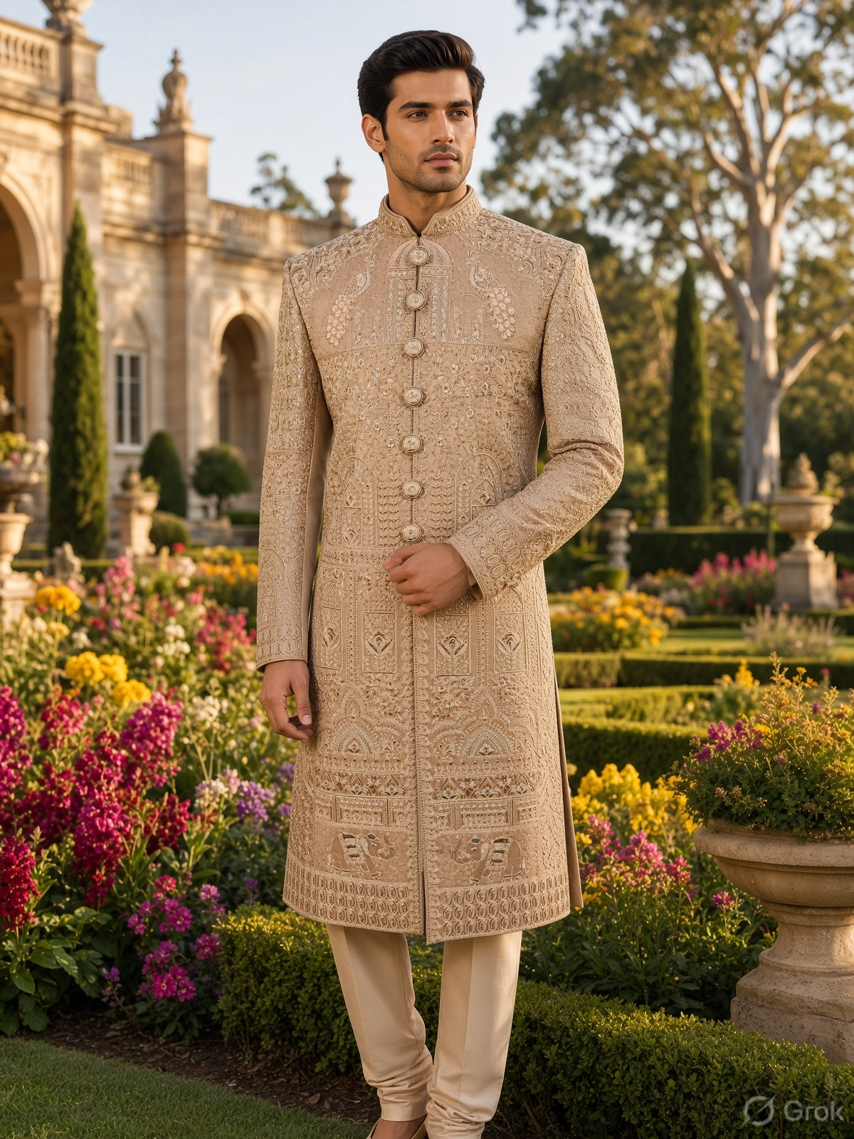 Golden Brown Groom Sherwani - Zari Embroidery | Sherwani For Men