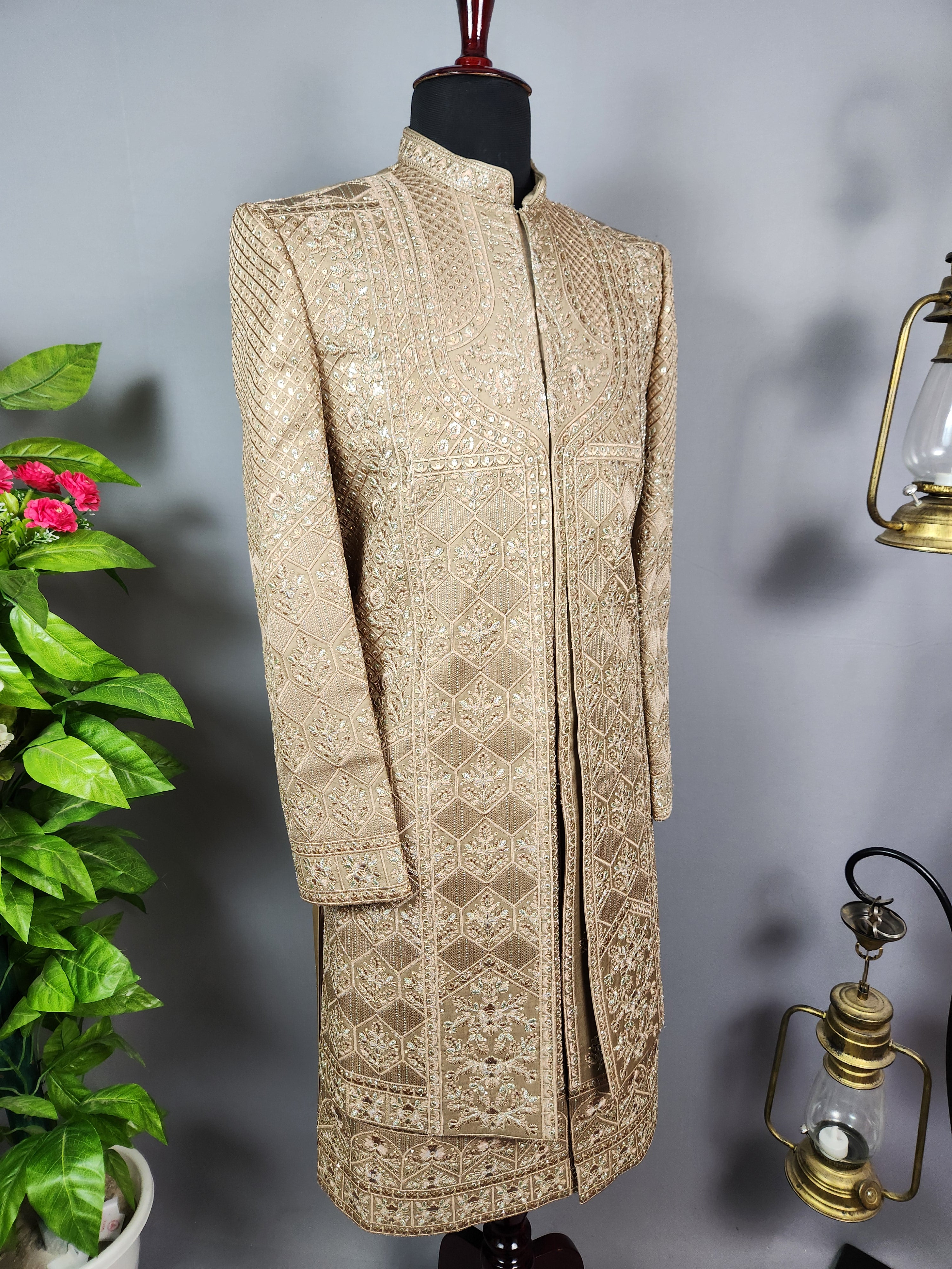 Golden Brown Groom Sherwani - Zari Embroidery | Sherwani For Men