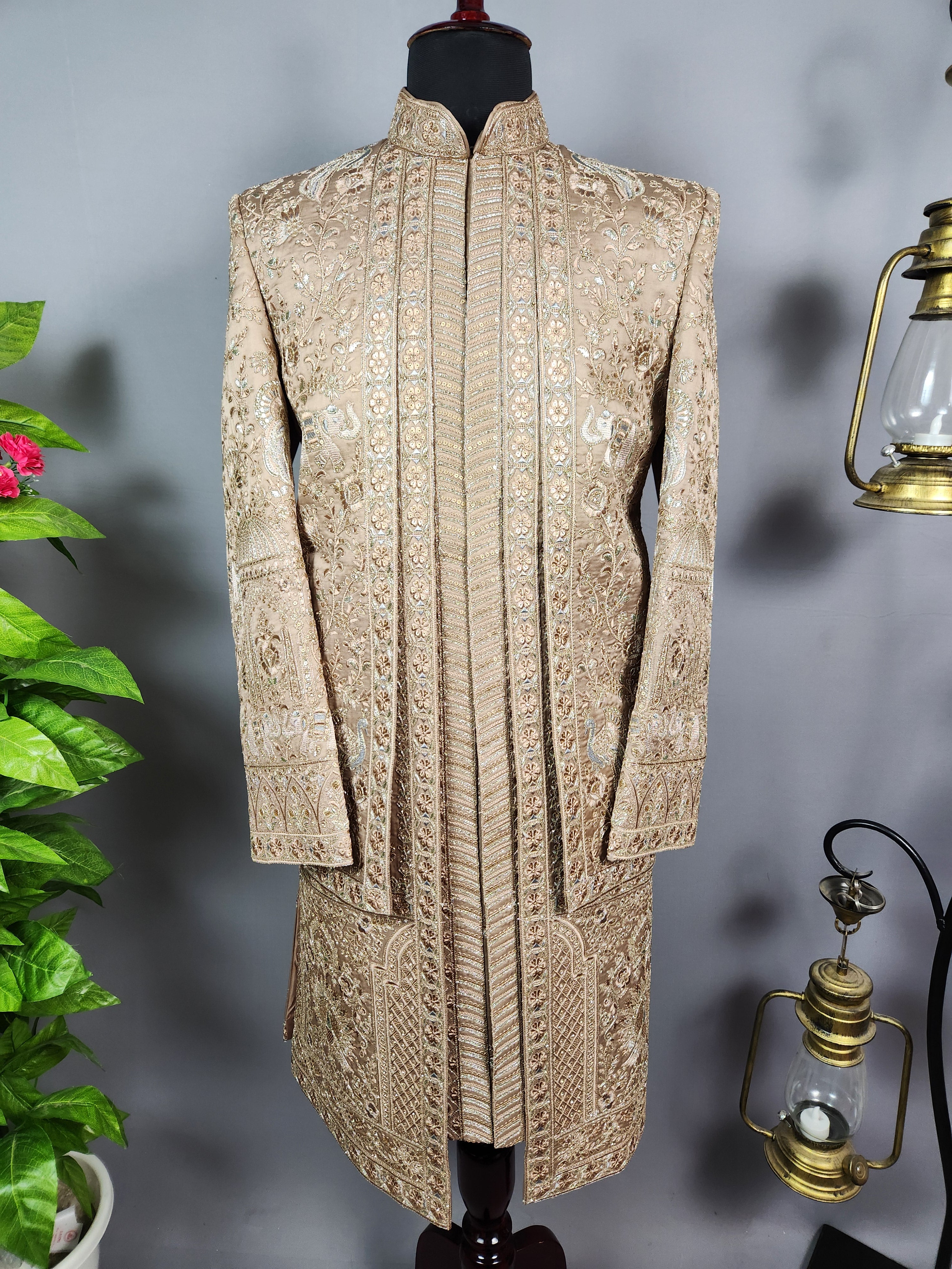 Golden Brown Groom Sherwani - Zari Embroidery | Sherwani For Men