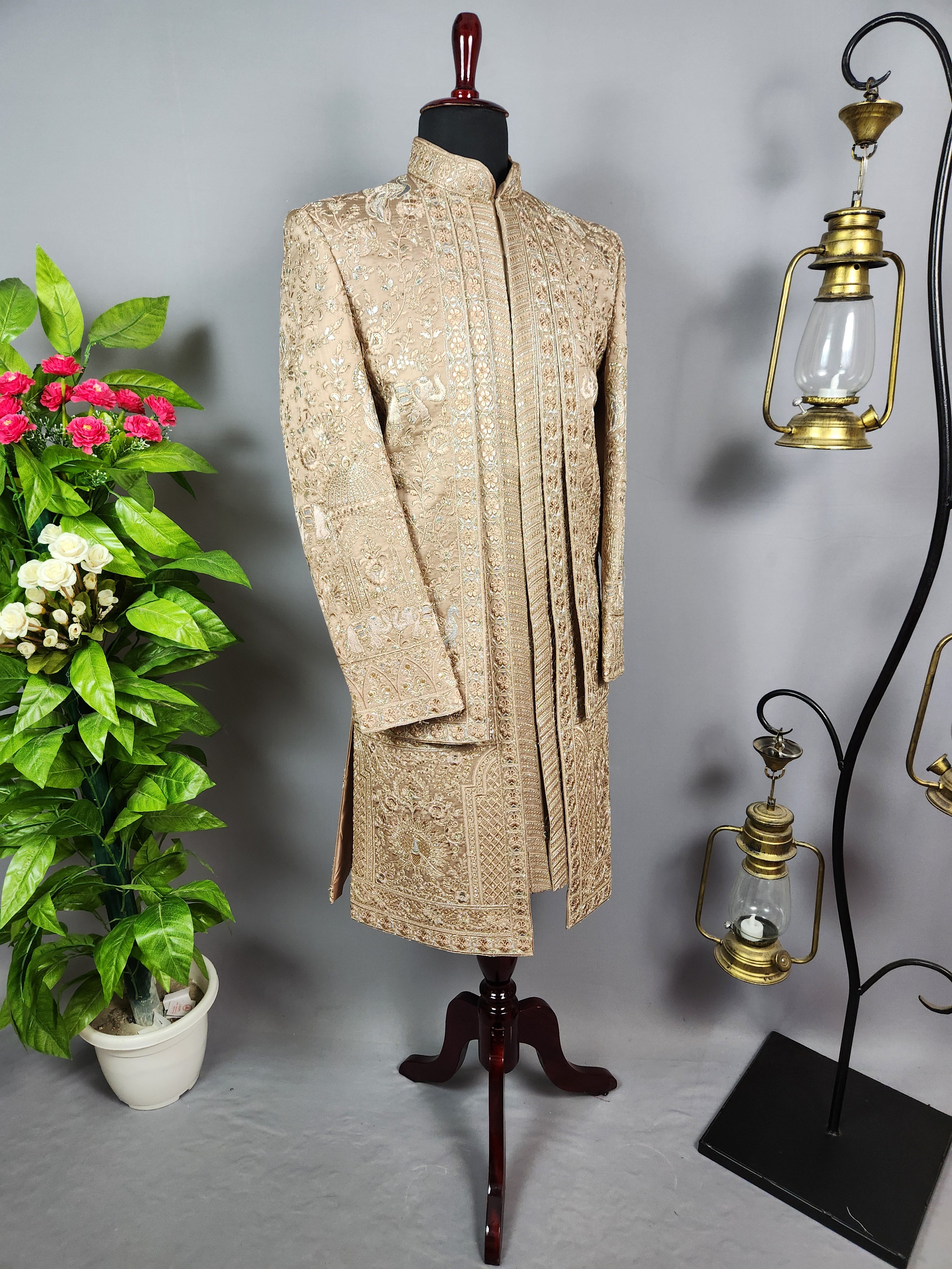 Golden Brown Groom Sherwani - Zari Embroidery | Sherwani For Men