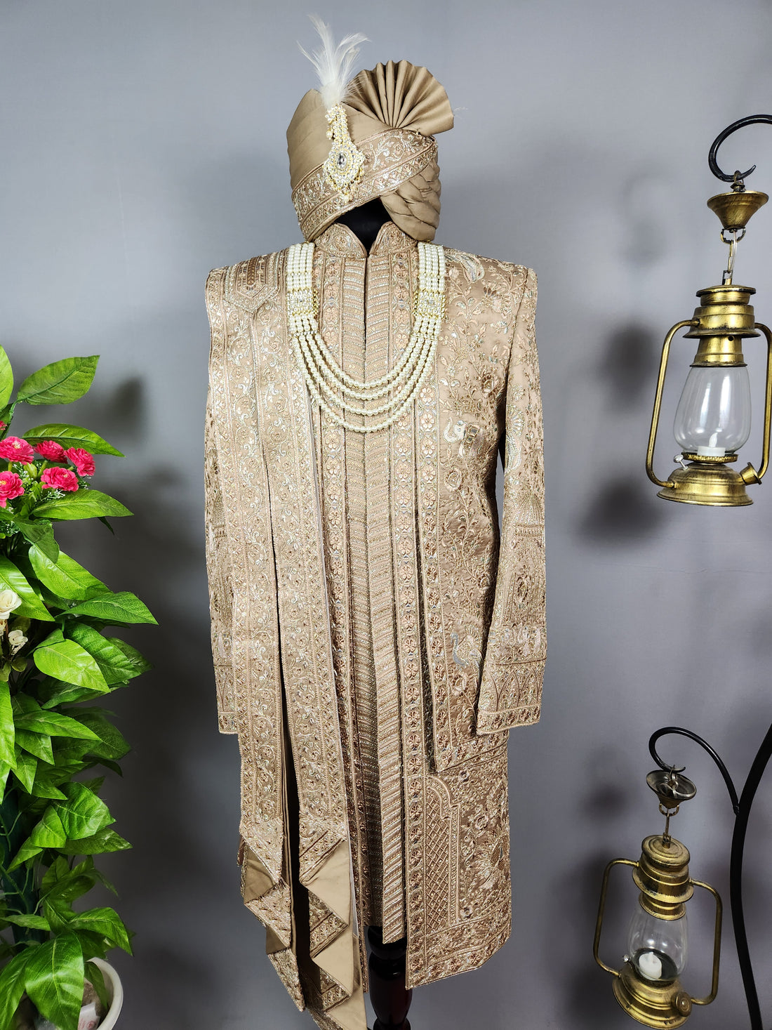 Golden Brown Groom Sherwani - Zari Embroidery | Sherwani For Men