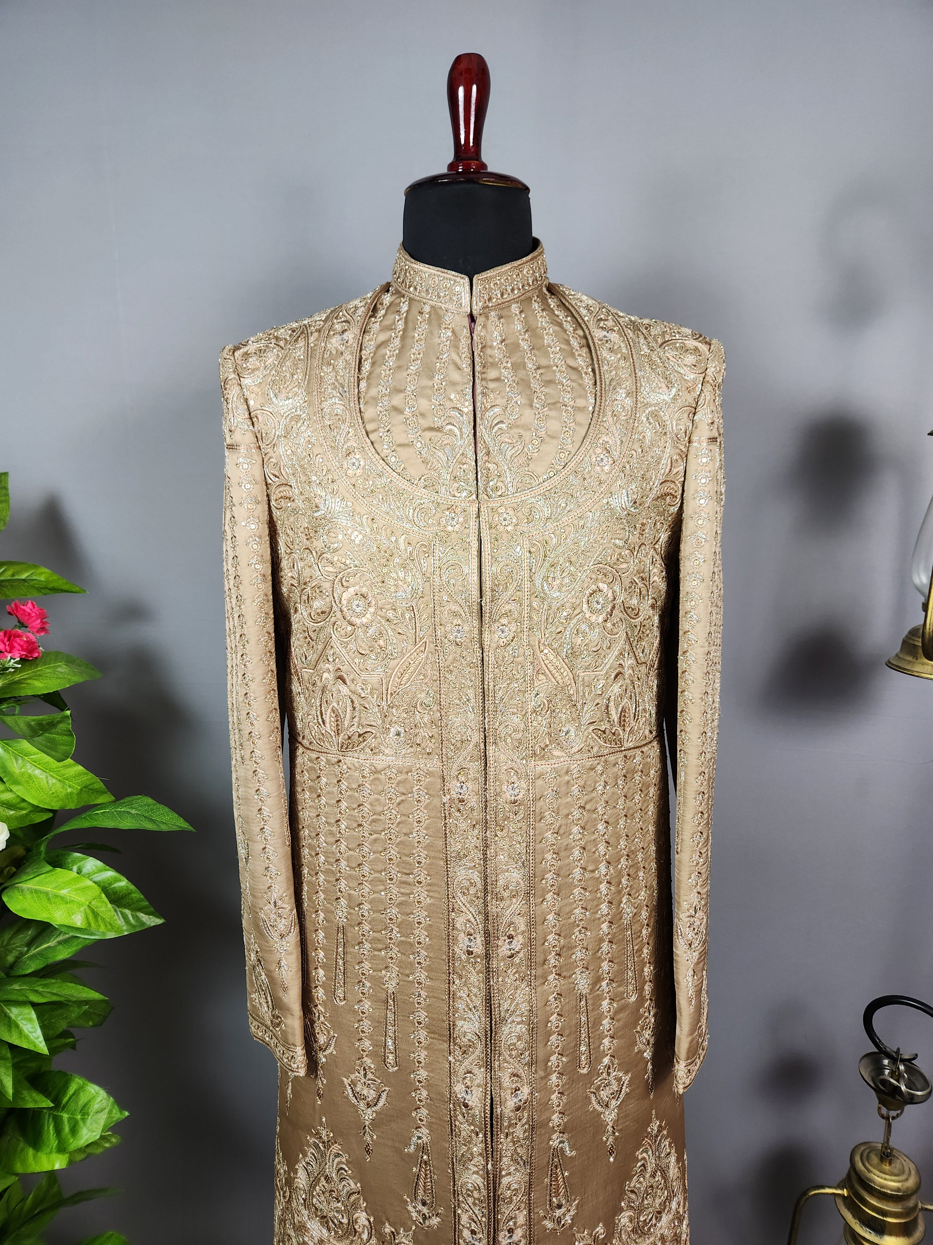 Golden Brown Groom Sherwani - Zari Embroidery | Sherwani For Men