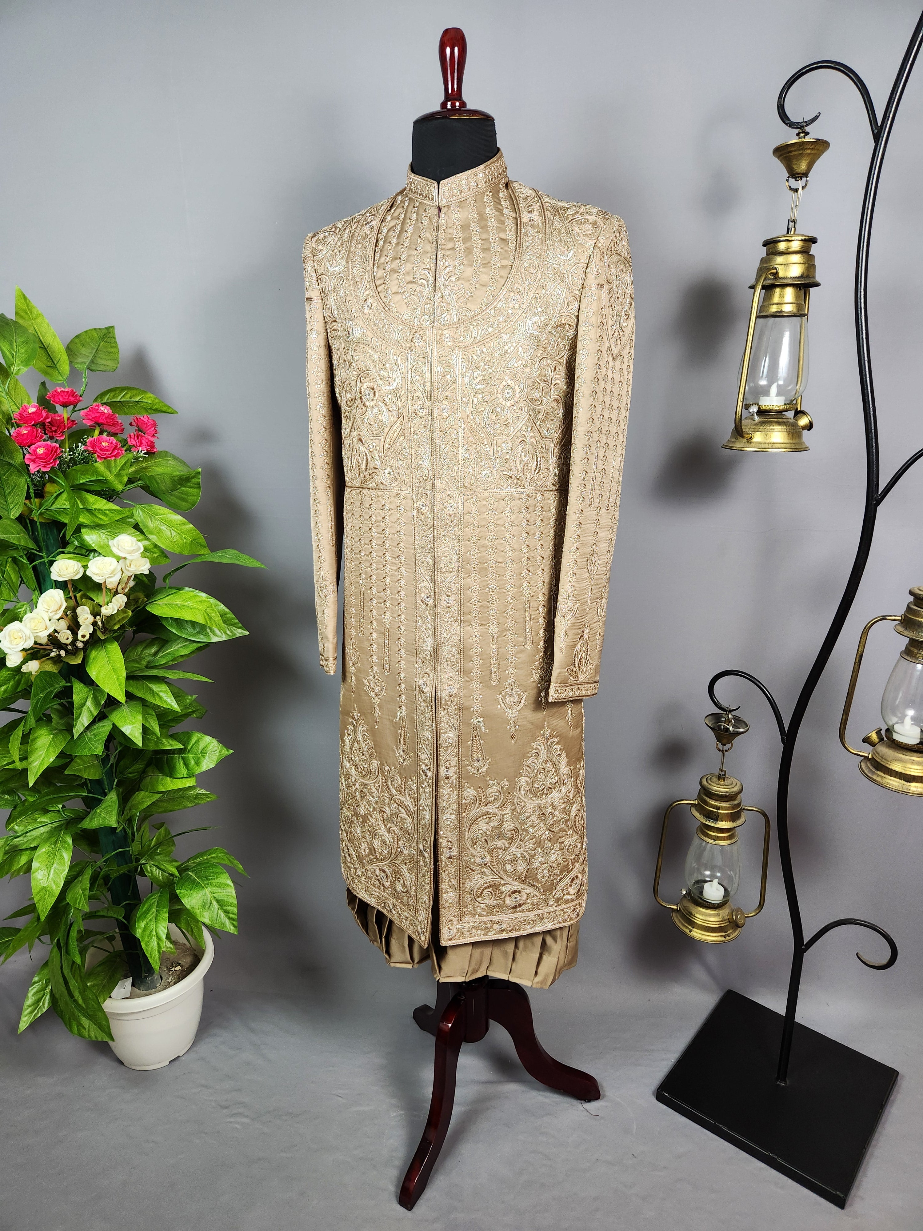 Golden Brown Groom Sherwani - Zari Embroidery | Sherwani For Men