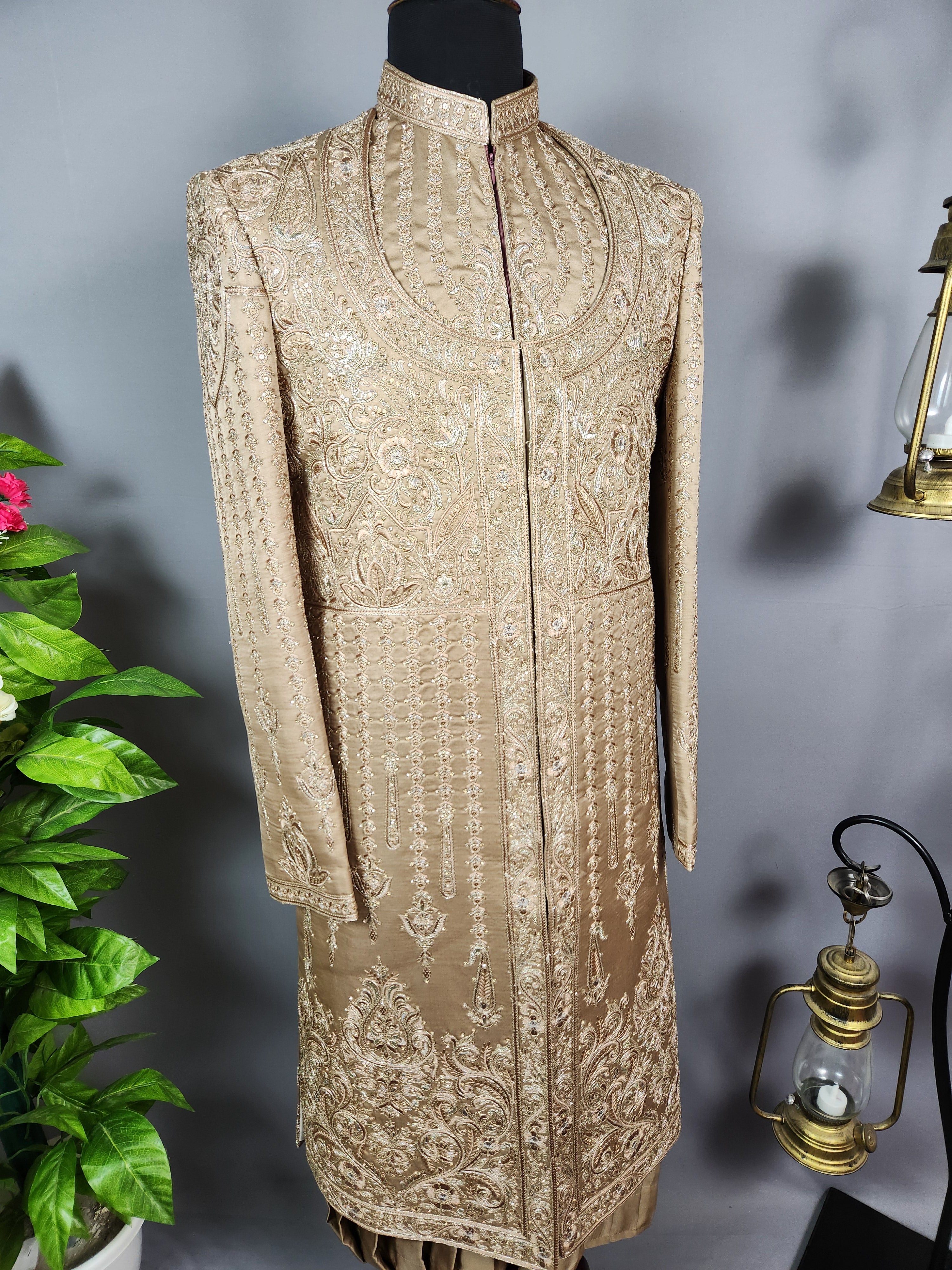 Golden Brown Groom Sherwani - Zari Embroidery | Sherwani For Men