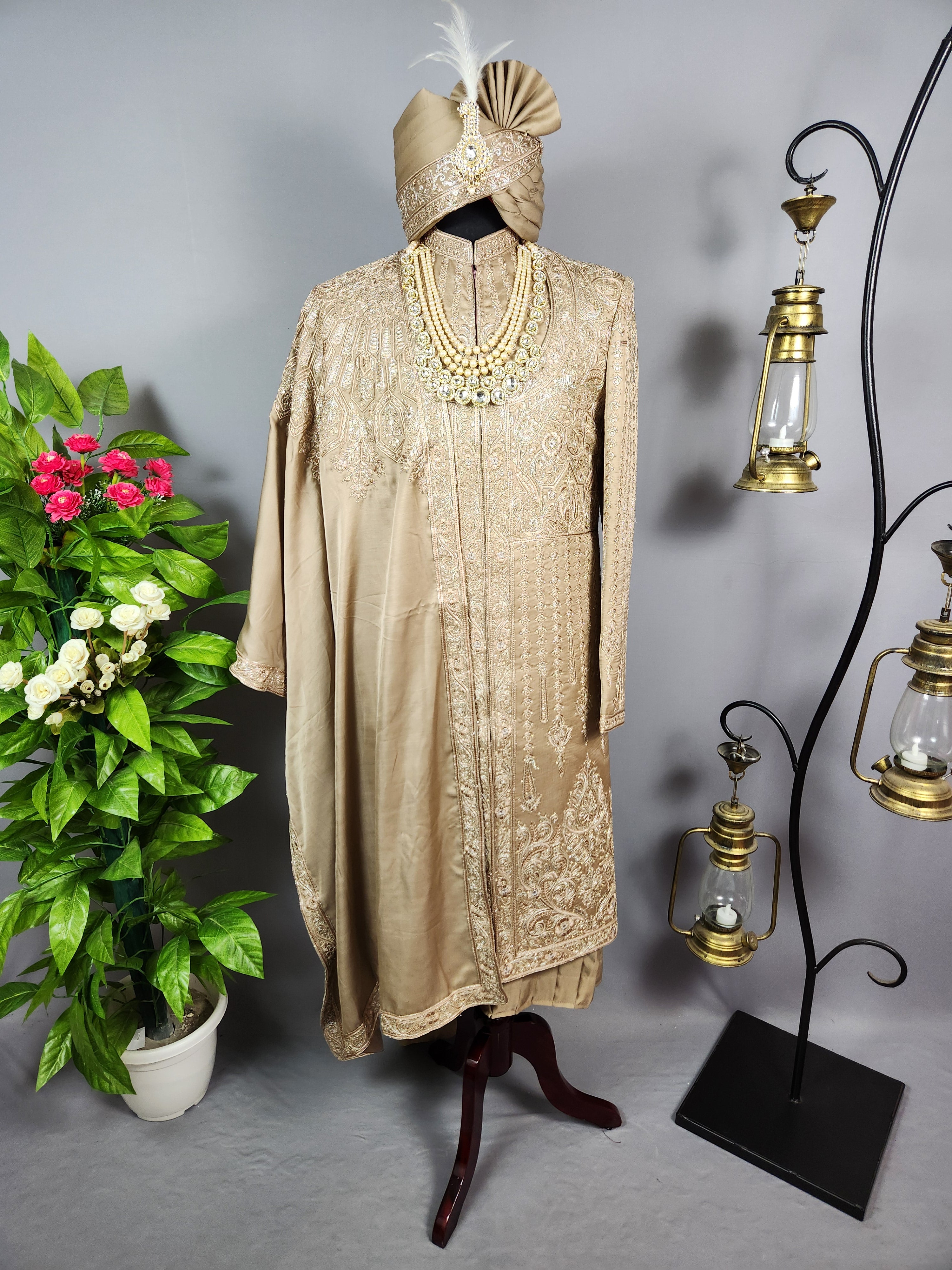 Golden Brown Groom Sherwani - Zari Embroidery | Sherwani For Men