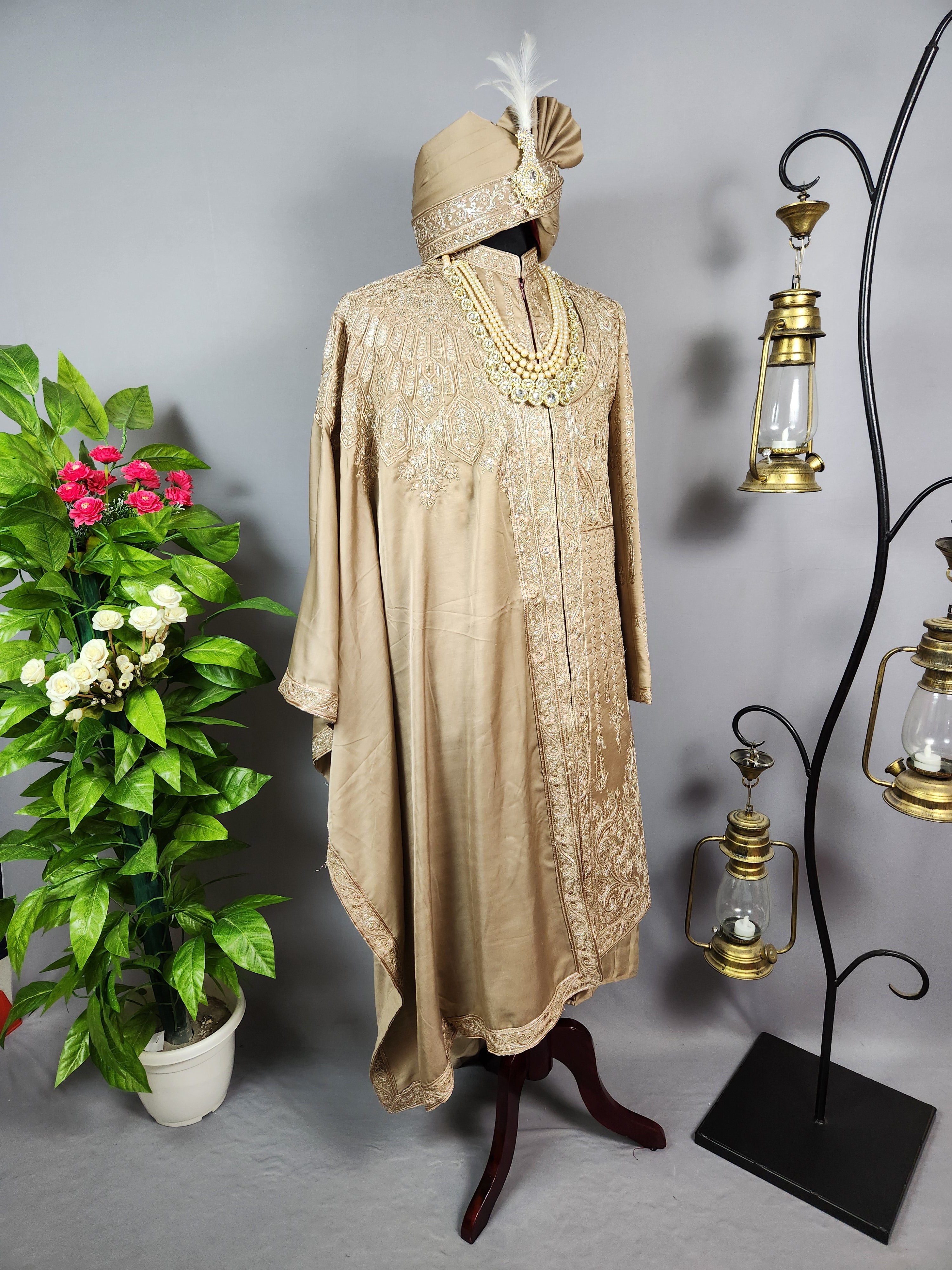 Golden Brown Groom Sherwani - Zari Embroidery | Sherwani For Men