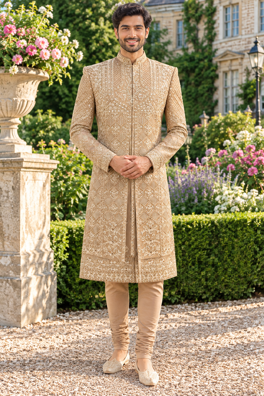 Golden Brown Groom Sherwani - Zari Embroidery | Sherwani For Men