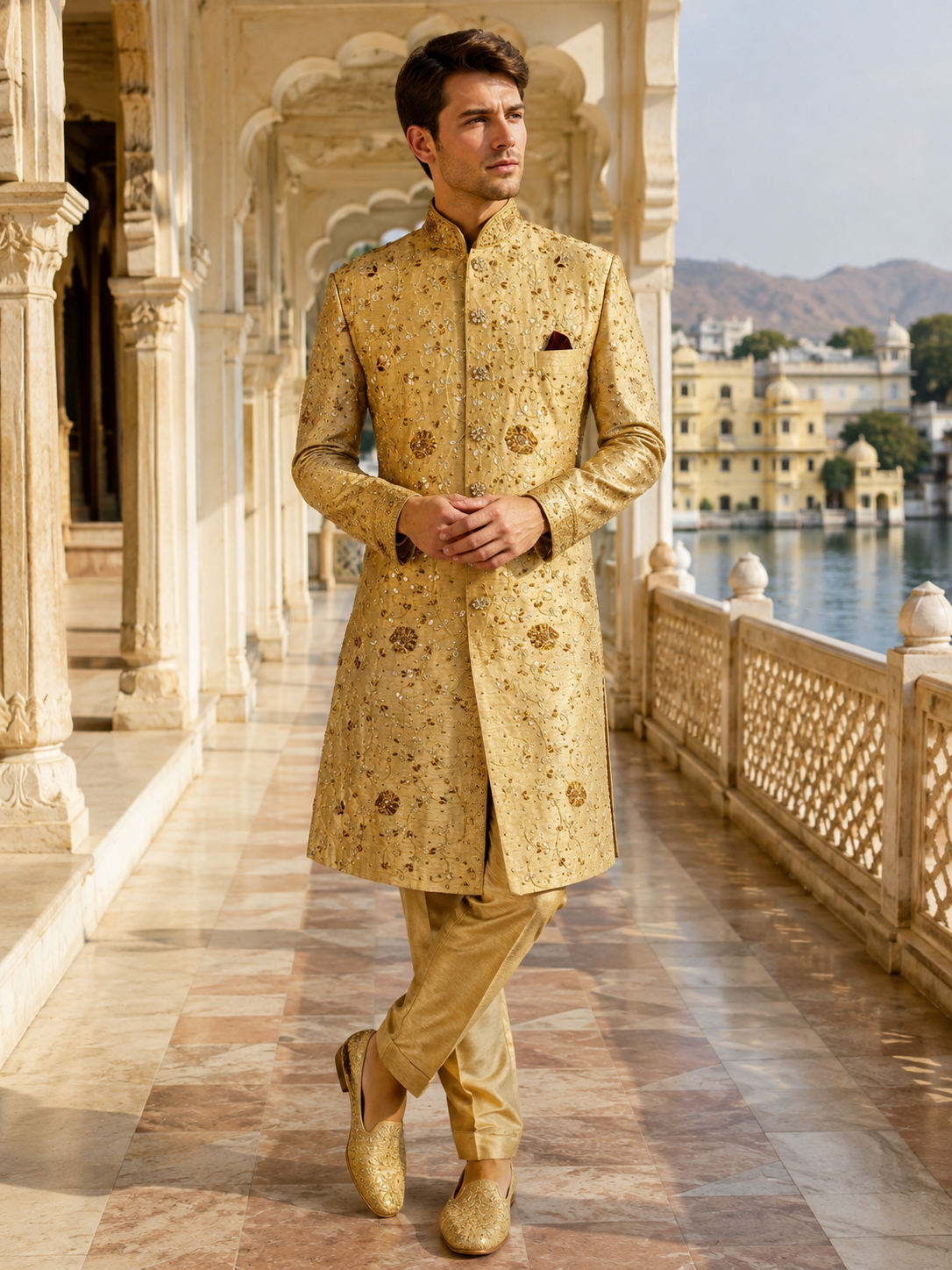Golden Wedding Groom Sherwani - Traditional Zardozi Work | Sherwani For Men