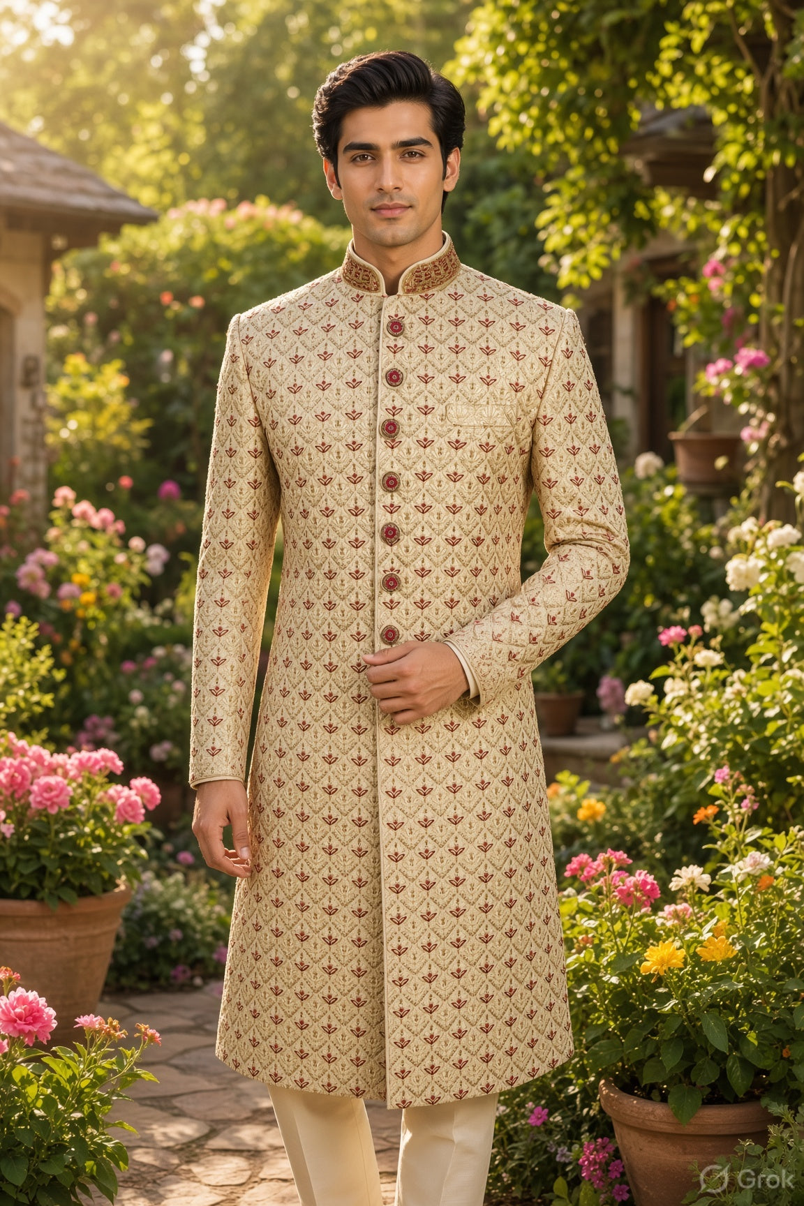 Golden Wedding Groom Sherwani - Red Accent | Sherwani For Men
