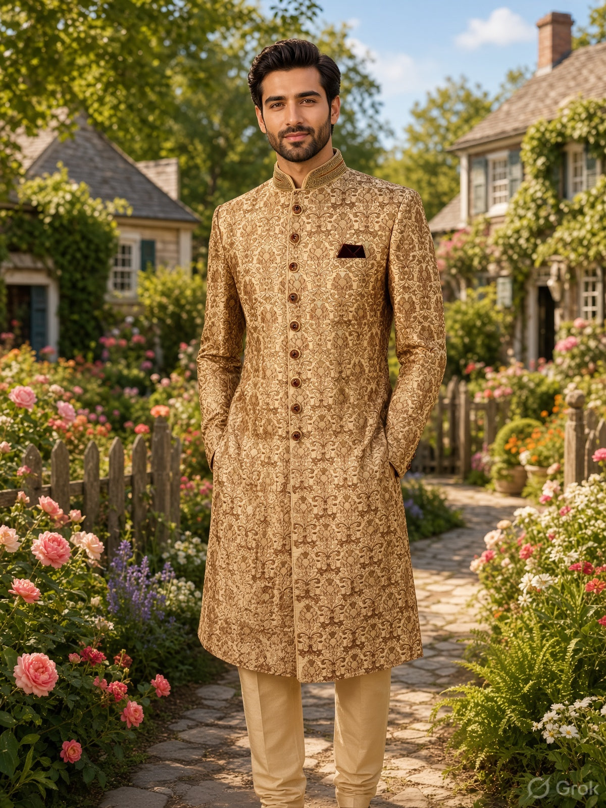 Golden Wedding Groom Sherwani - Red Accent | Sherwani For Men