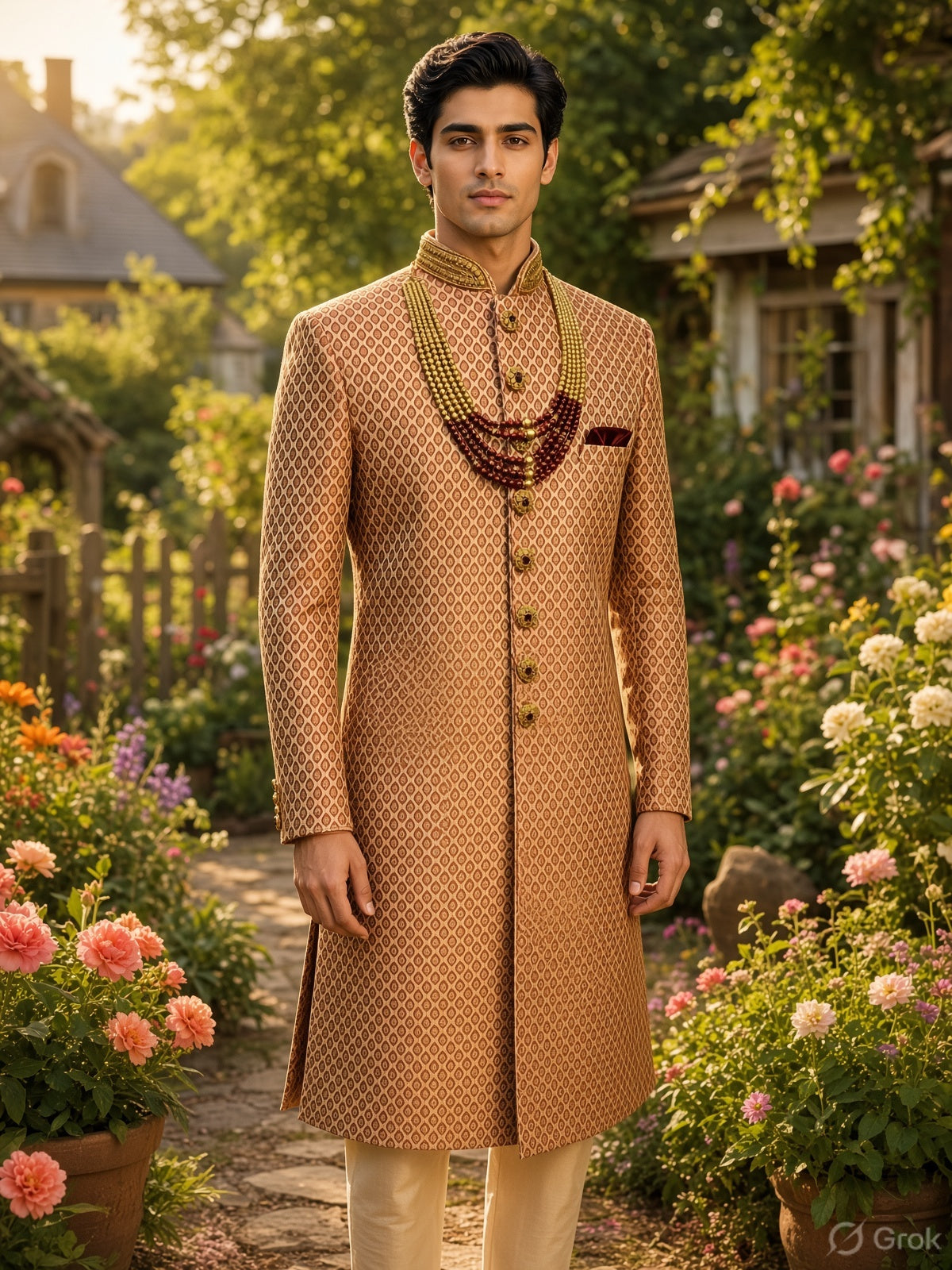 Copper Golden Wedding Groom Sherwani - Red Accent | Sherwani For Men