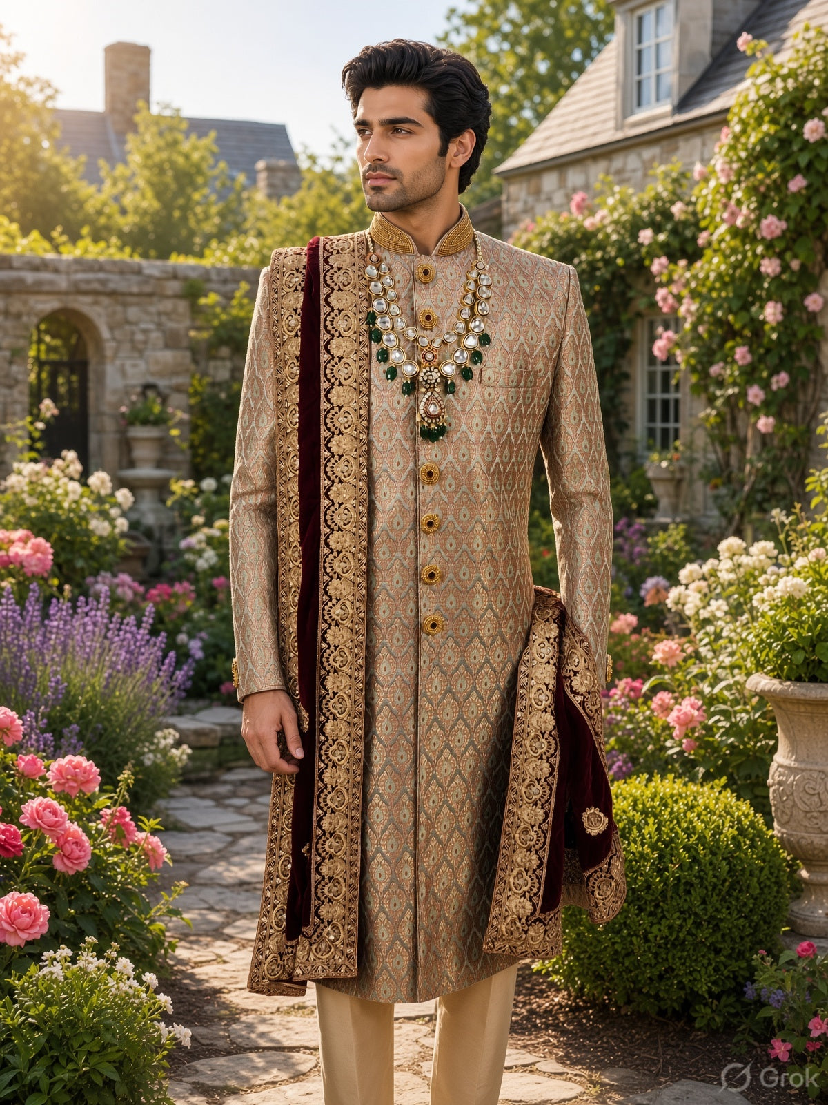 Copper Golden Wedding Groom Sherwani - Antique Work Beads | Sherwani For Men