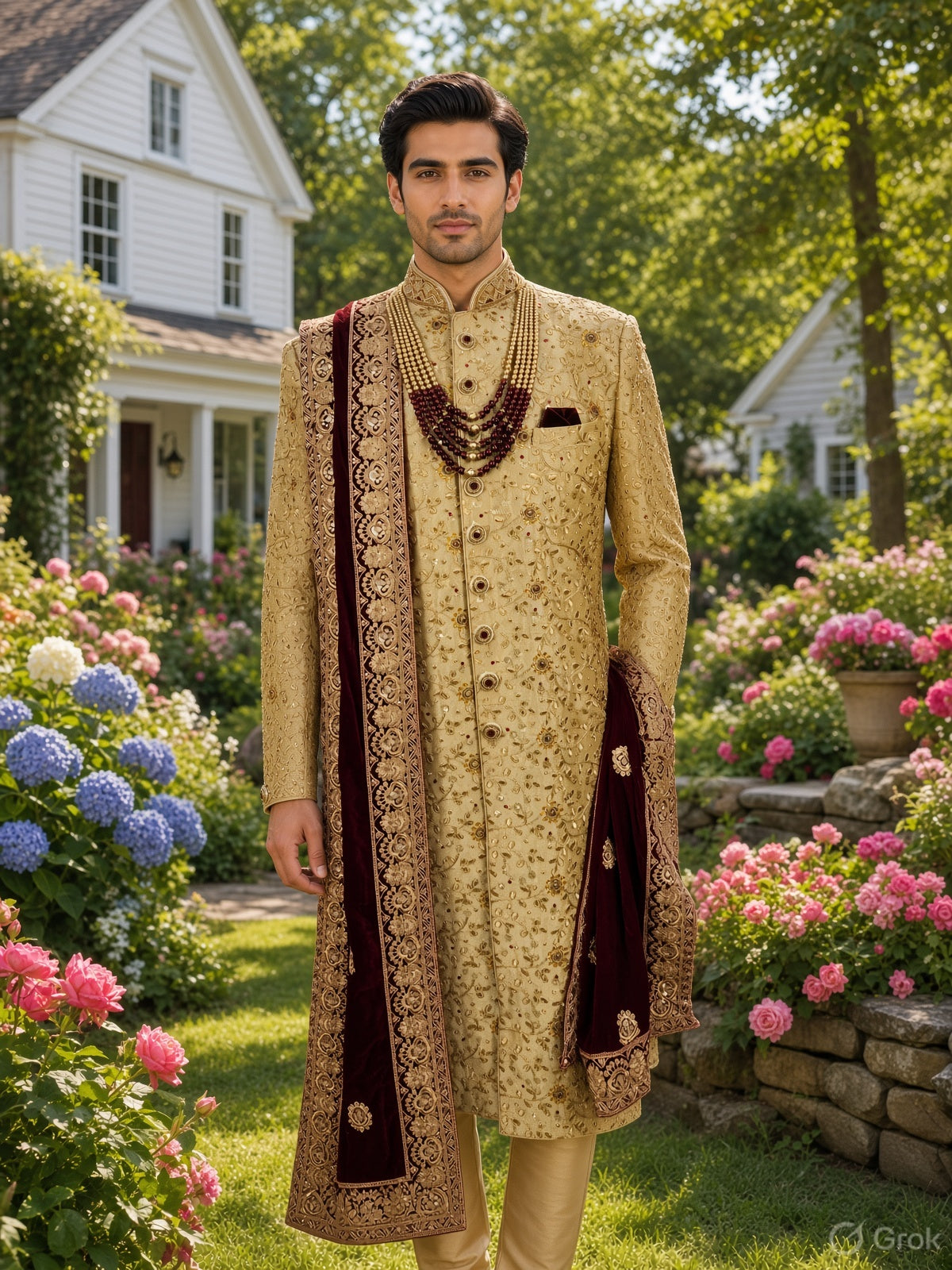 Golden Wedding Groom Sherwani - Red and Golden Stone | Sherwani For Men