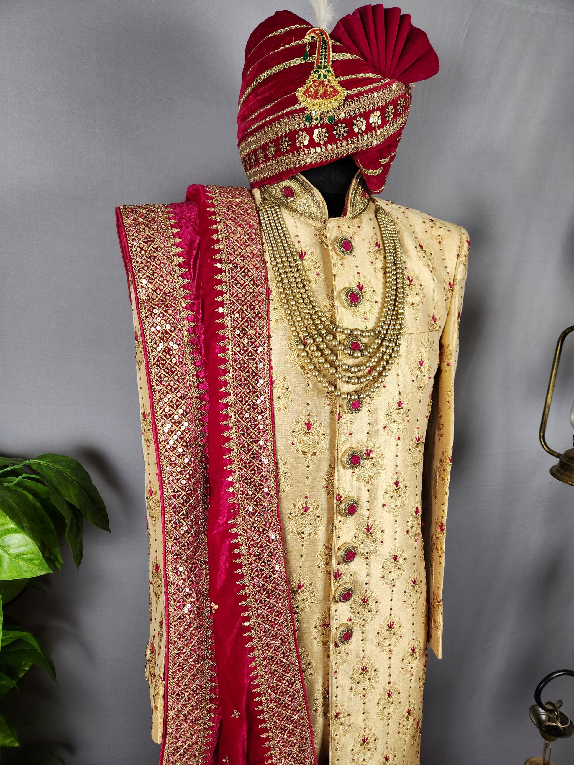 Golden Wedding Groom Sherwani with Magenta Silk Accent 