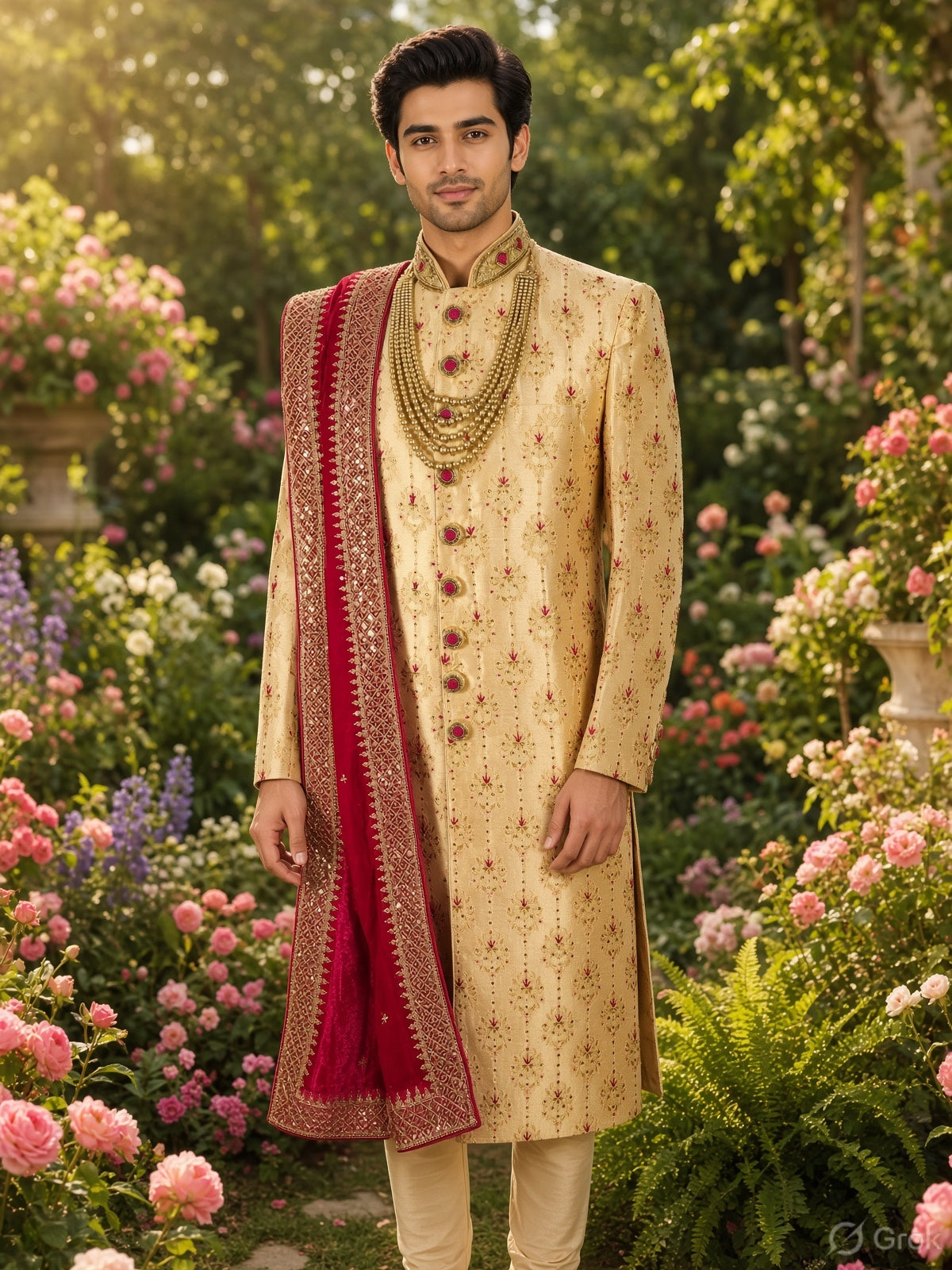 Golden Wedding Groom Sherwani - Magenta Silk Accent | Sherwani For Men