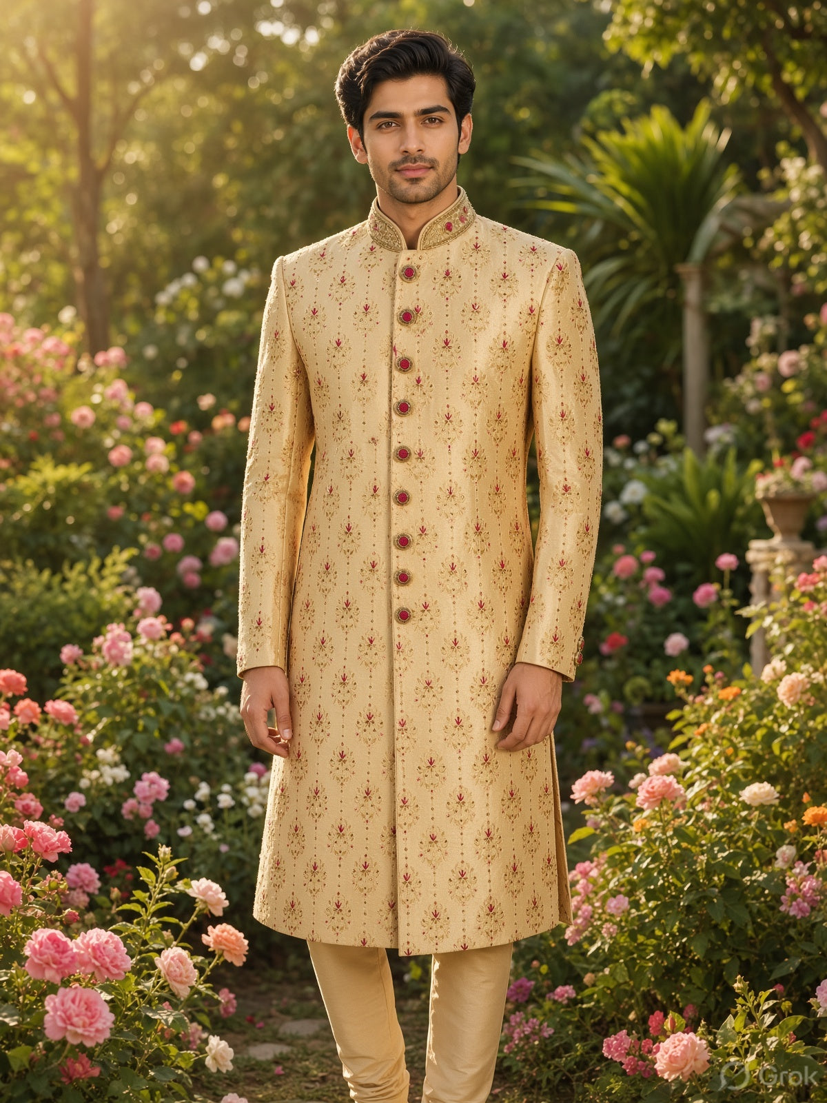 Golden Wedding Groom Sherwani - Magenta Silk Accent | Sherwani For Men