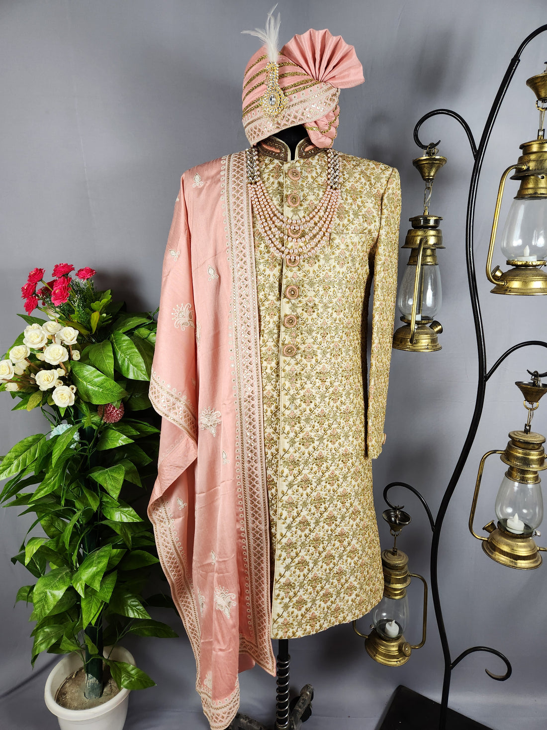 Golden Wedding Groom Sherwani with Peach Accent and Beads 