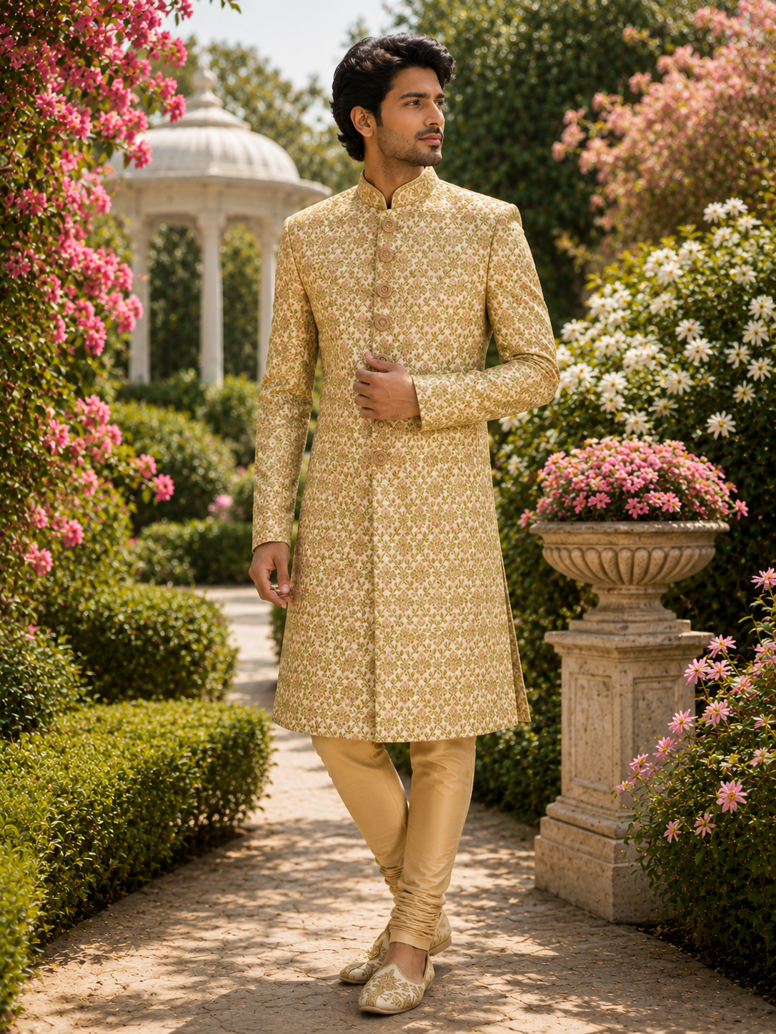 Golden Wedding Groom Sherwani - Peach Accent and Beads | Sherwani For Men