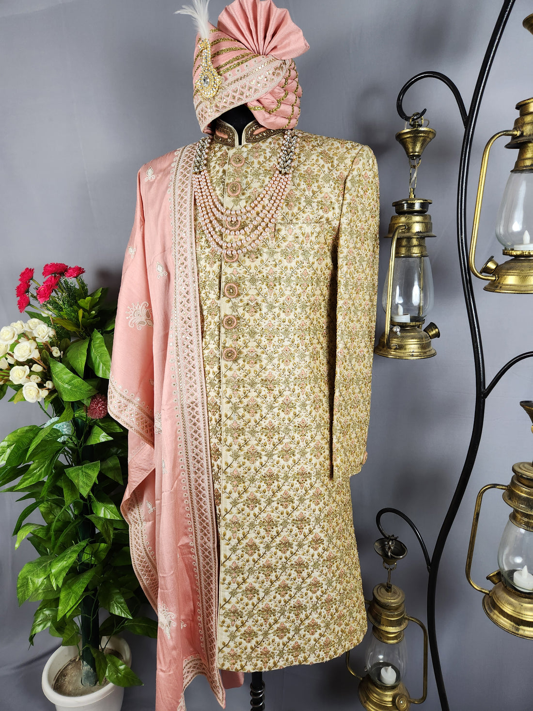 Golden Wedding Groom Sherwani with Peach Accent and Beads 
