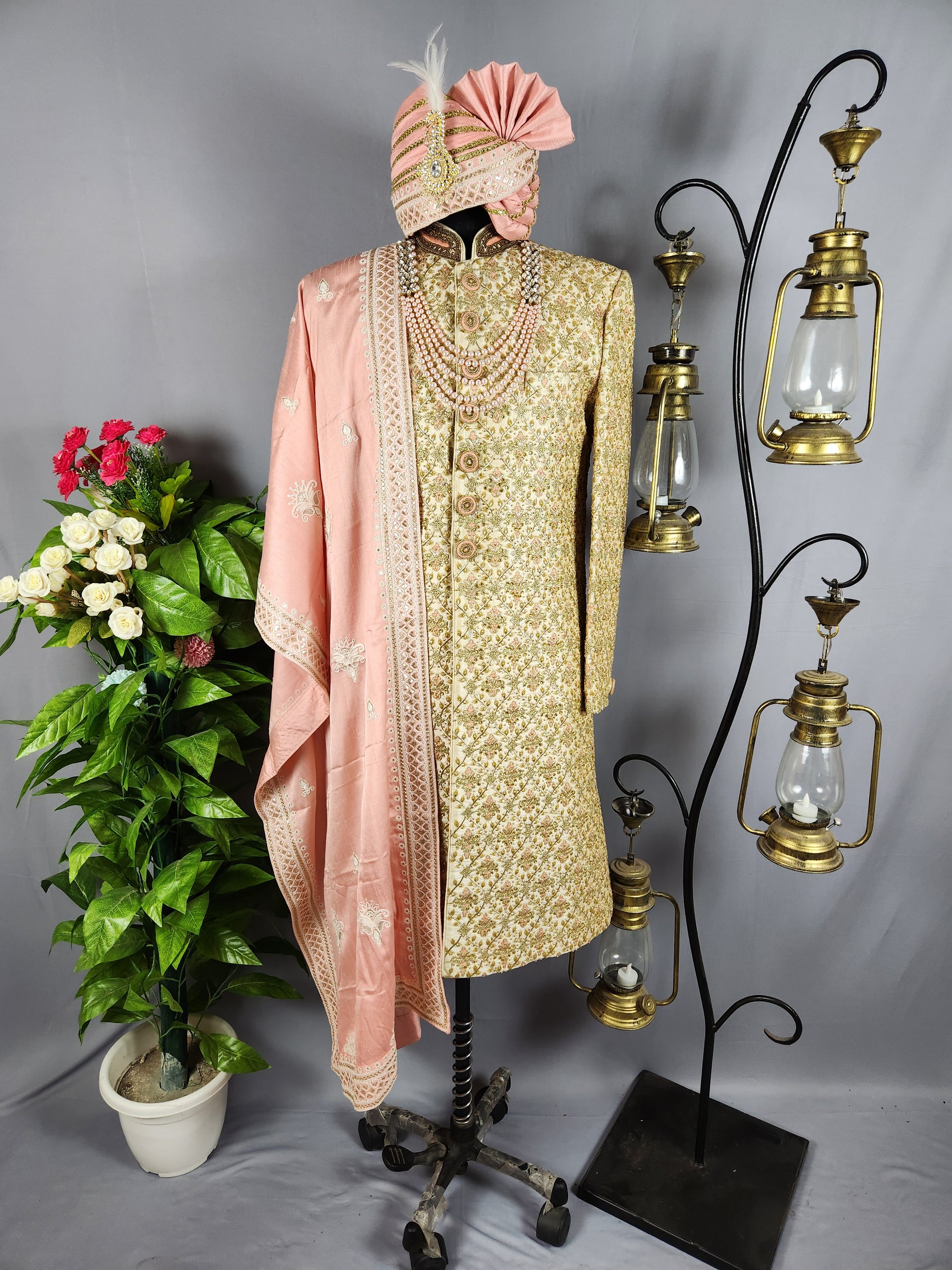 Golden Wedding Groom Sherwani with Peach Accent and Beads 