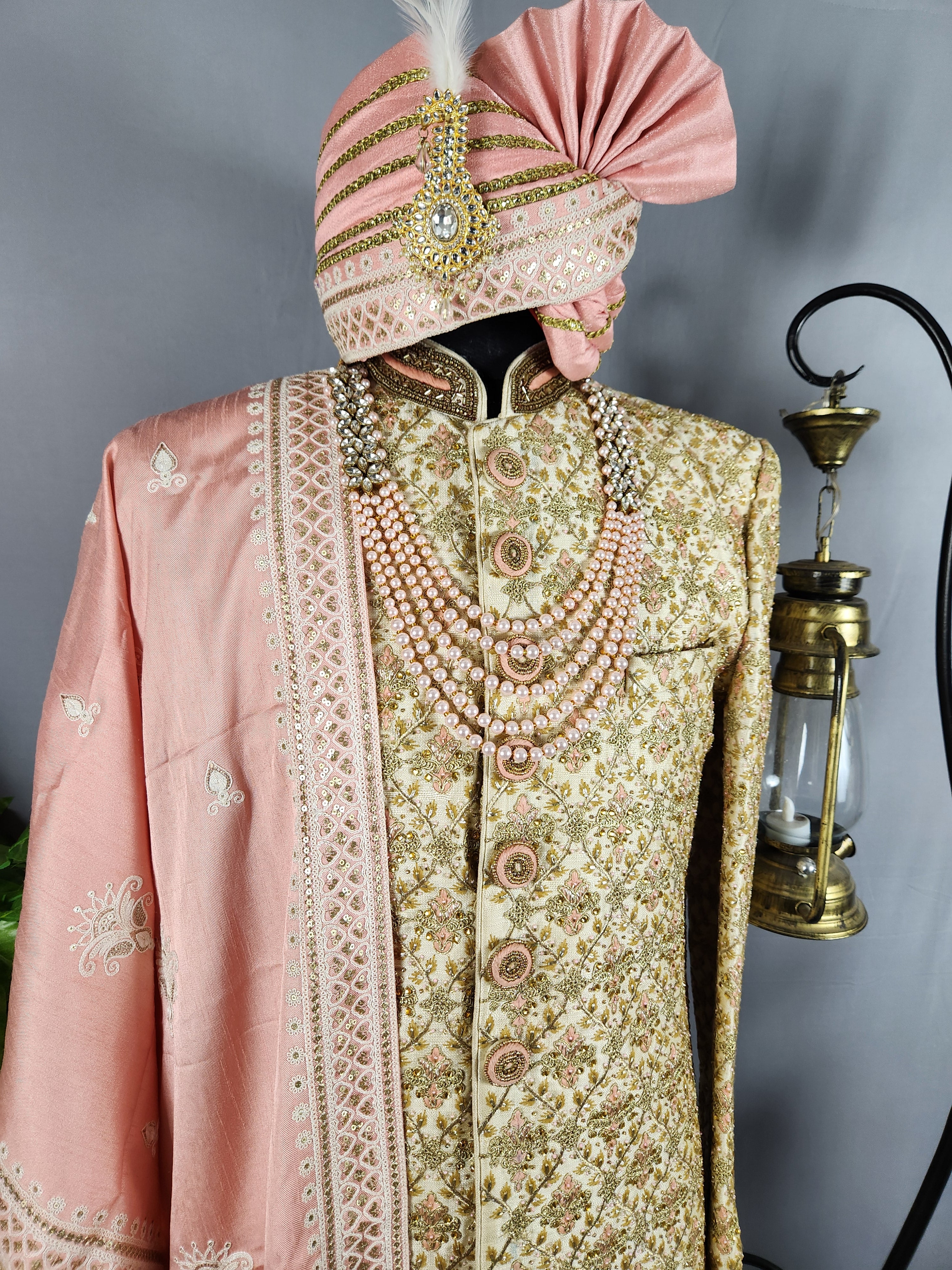 Golden Wedding Groom Sherwani with Peach Accent and Beads 