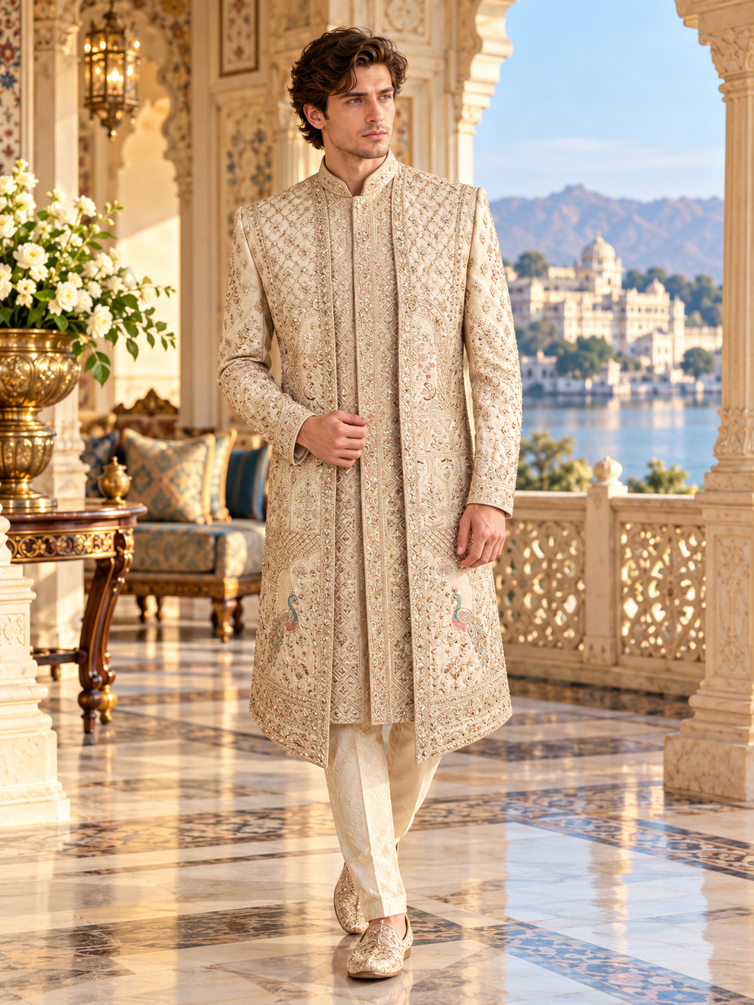 Light Golden Groom Sherwani - Peacock & Elephant Design | Sherwani For Men